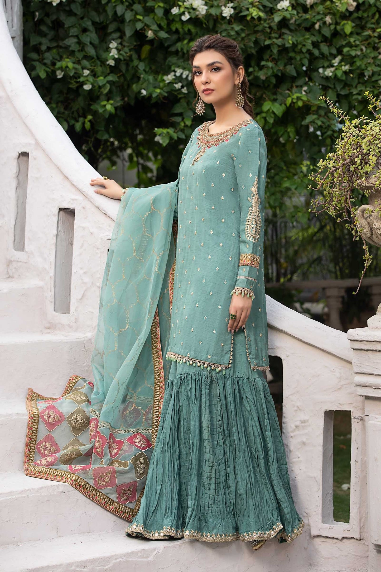 SF-EA23-18R1-Ferozi | 3 Piece Embroidered Raw Silk Suit | MARIA.B