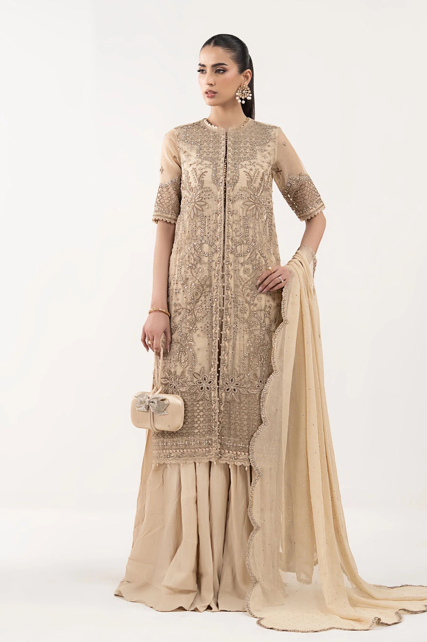SF-EF26-53-Coffee | 3 Piece Embroidered Organza Suit | MARIA.B
