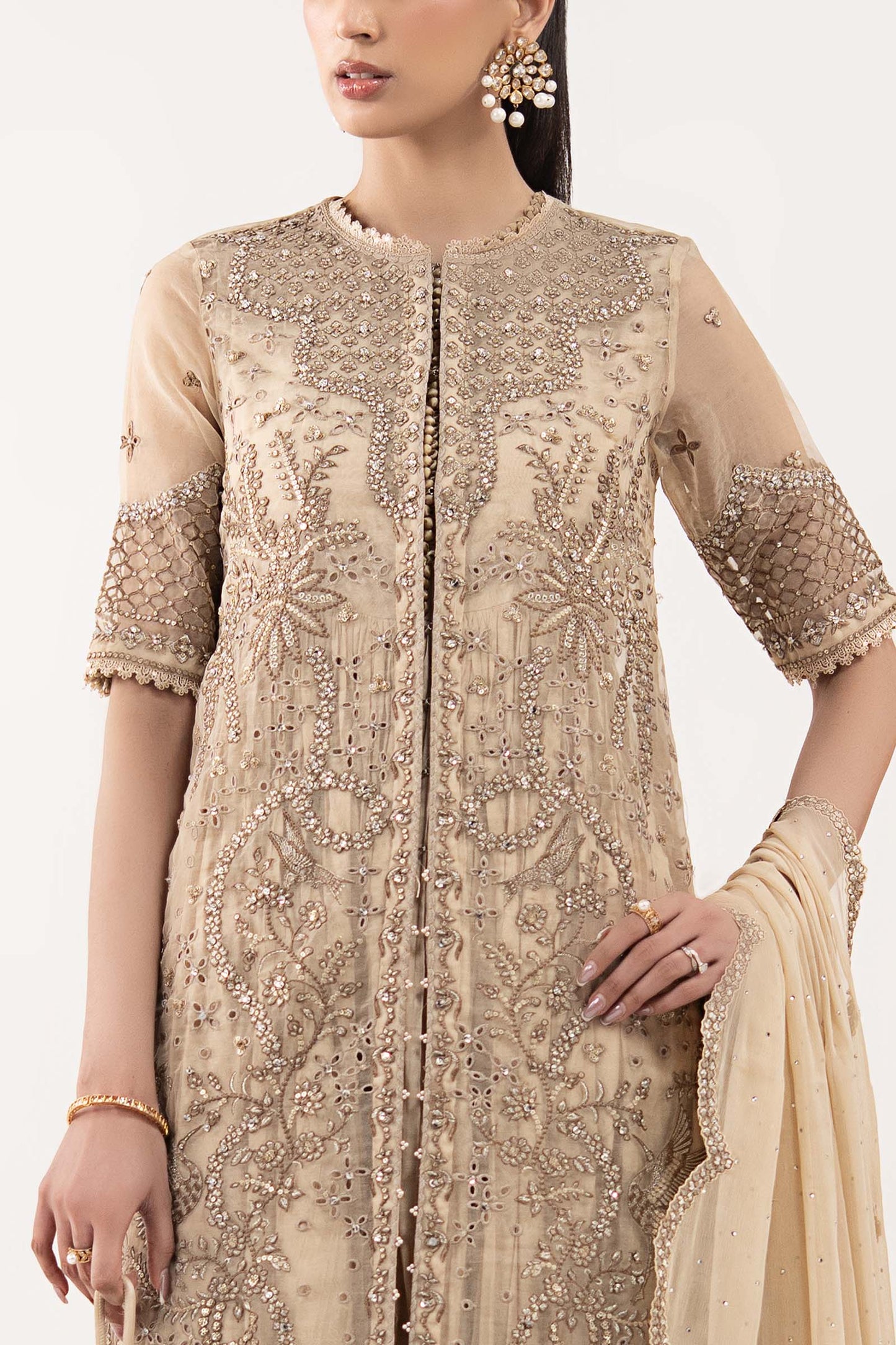 SF-EF26-53-Coffee | 3 Piece Embroidered Organza Suit | MARIA.B
