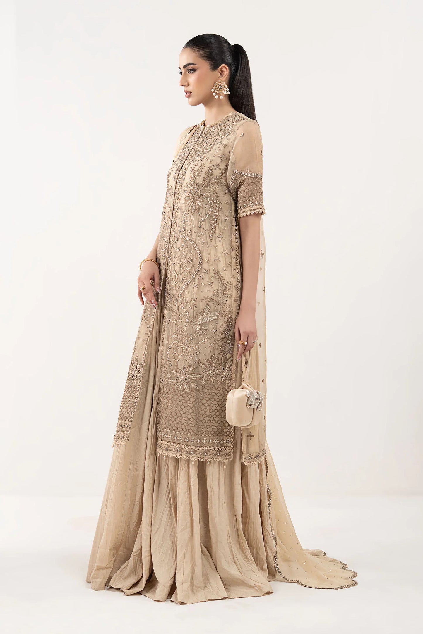 SF-EF26-53-Coffee | 3 Piece Embroidered Organza Suit | MARIA.B