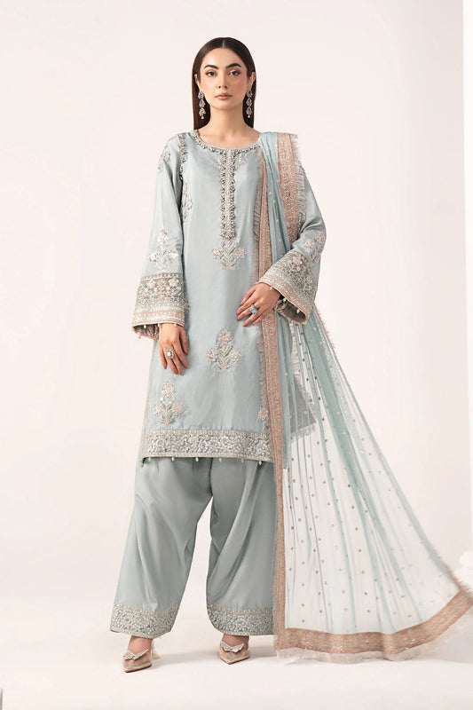 SF-EF26-22-Light Blue | 3 Piece Embroidered Raw Silk Suit | MARIA.B