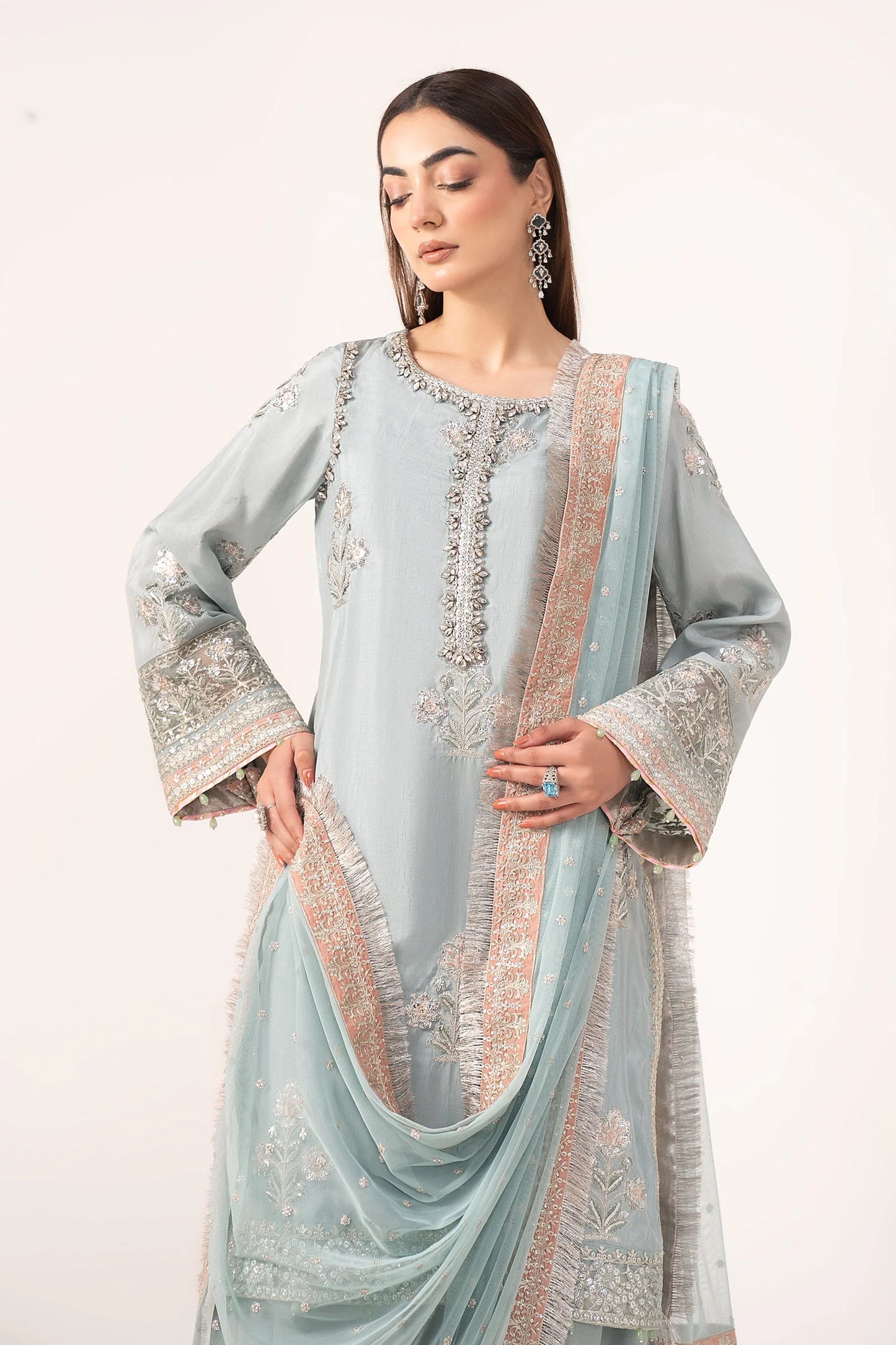 SF-EF26-22-Light Blue | 3 Piece Embroidered Raw Silk Suit | MARIA.B