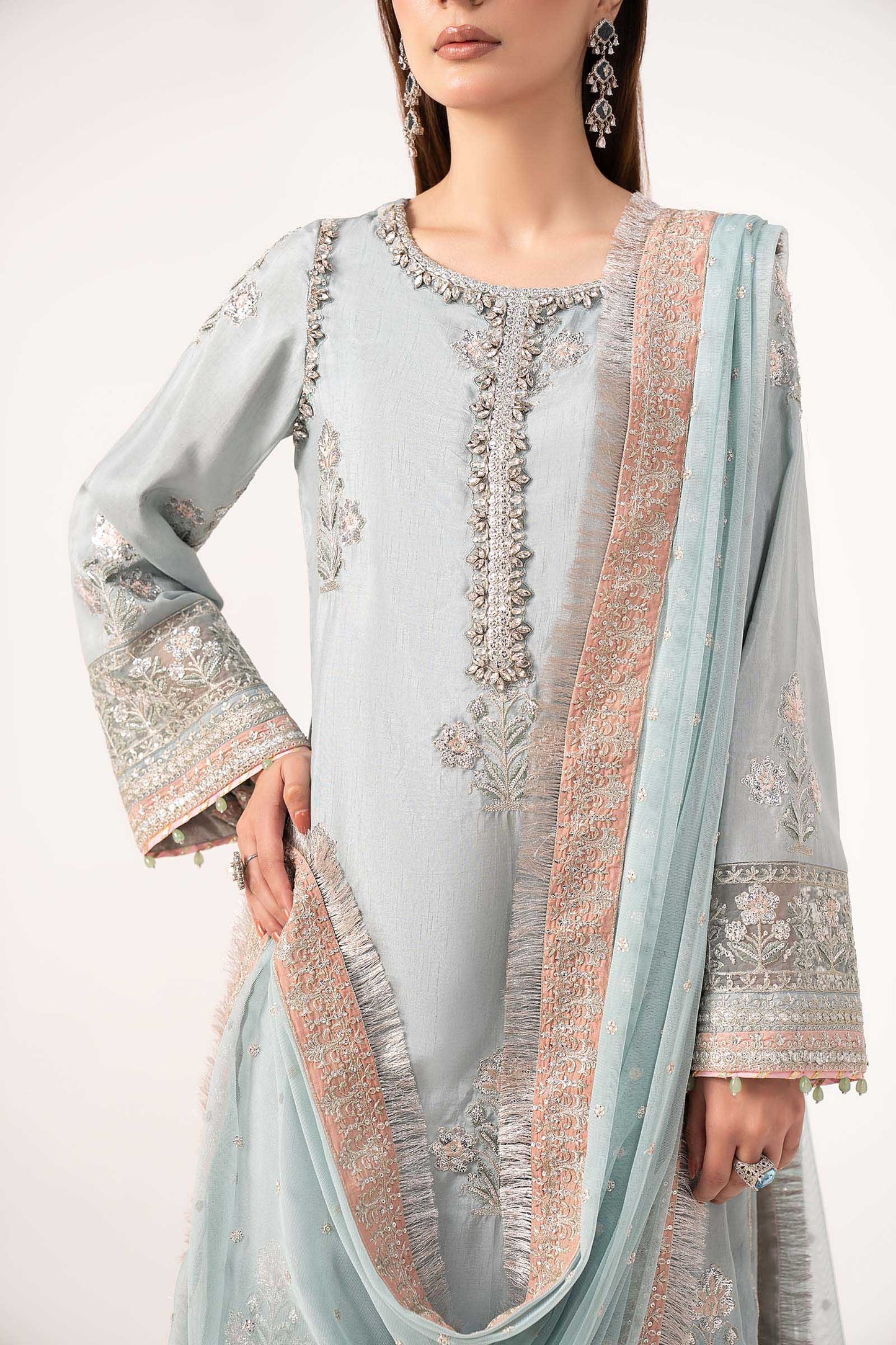 SF-EF26-22-Light Blue | 3 Piece Embroidered Raw Silk Suit | MARIA.B