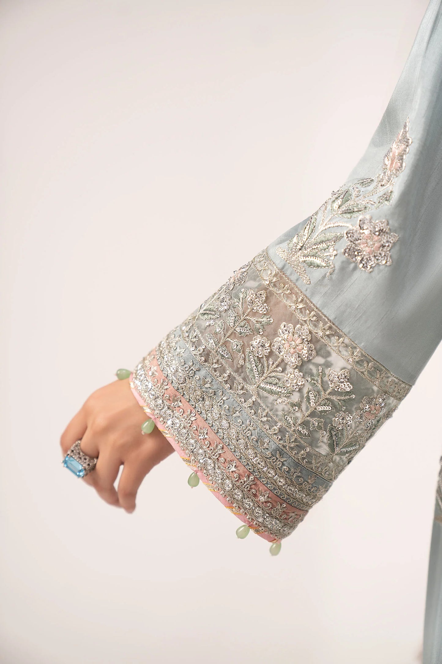 SF-EF26-22-Light Blue | 3 Piece Embroidered Raw Silk Suit | MARIA.B