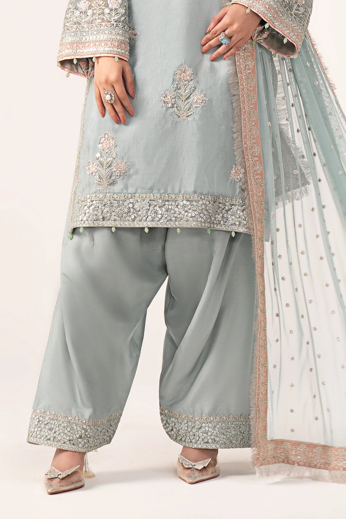 SF-EF26-22-Light Blue | 3 Piece Embroidered Raw Silk Suit | MARIA.B