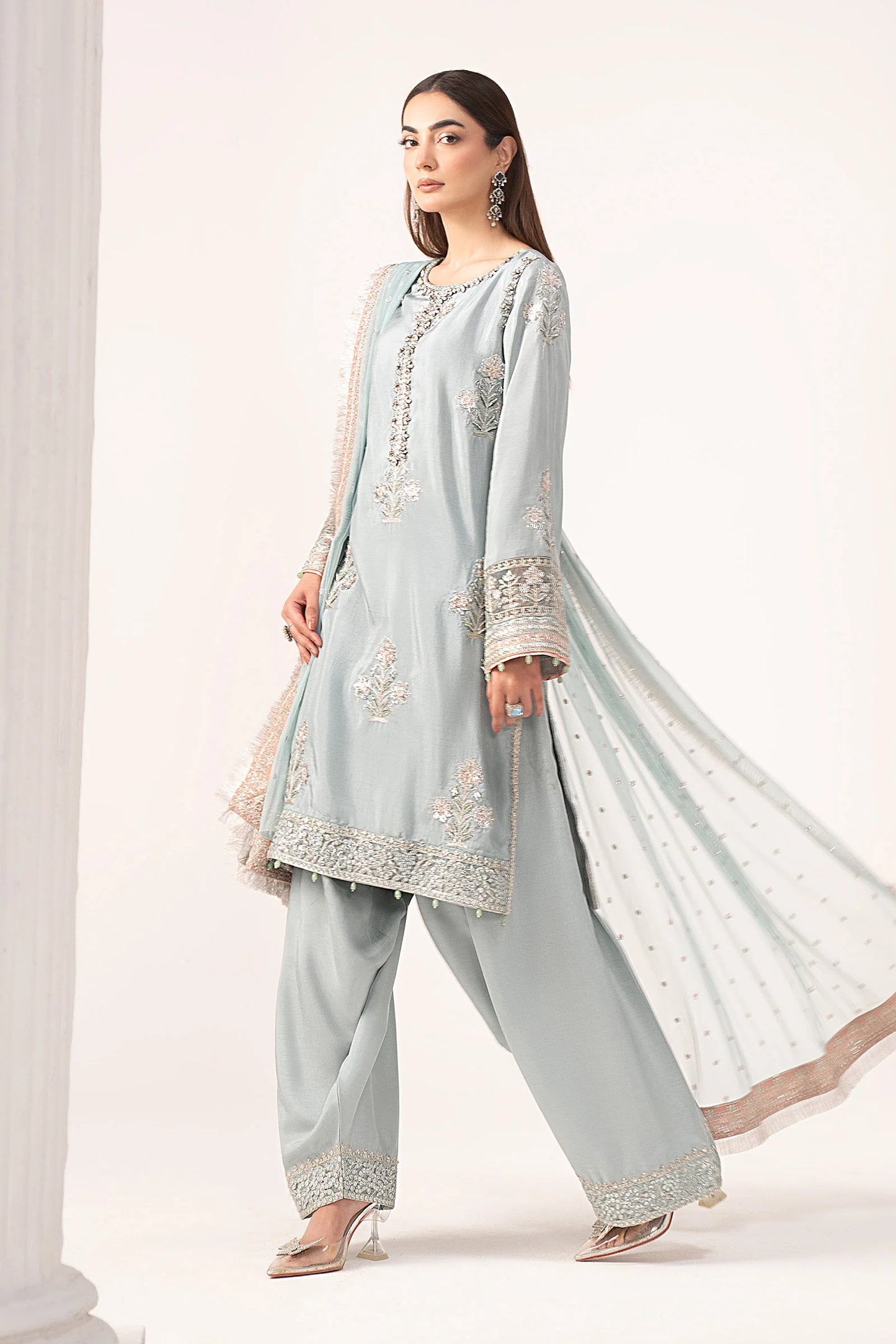 SF-EF26-22-Light Blue | 3 Piece Embroidered Raw Silk Suit | MARIA.B