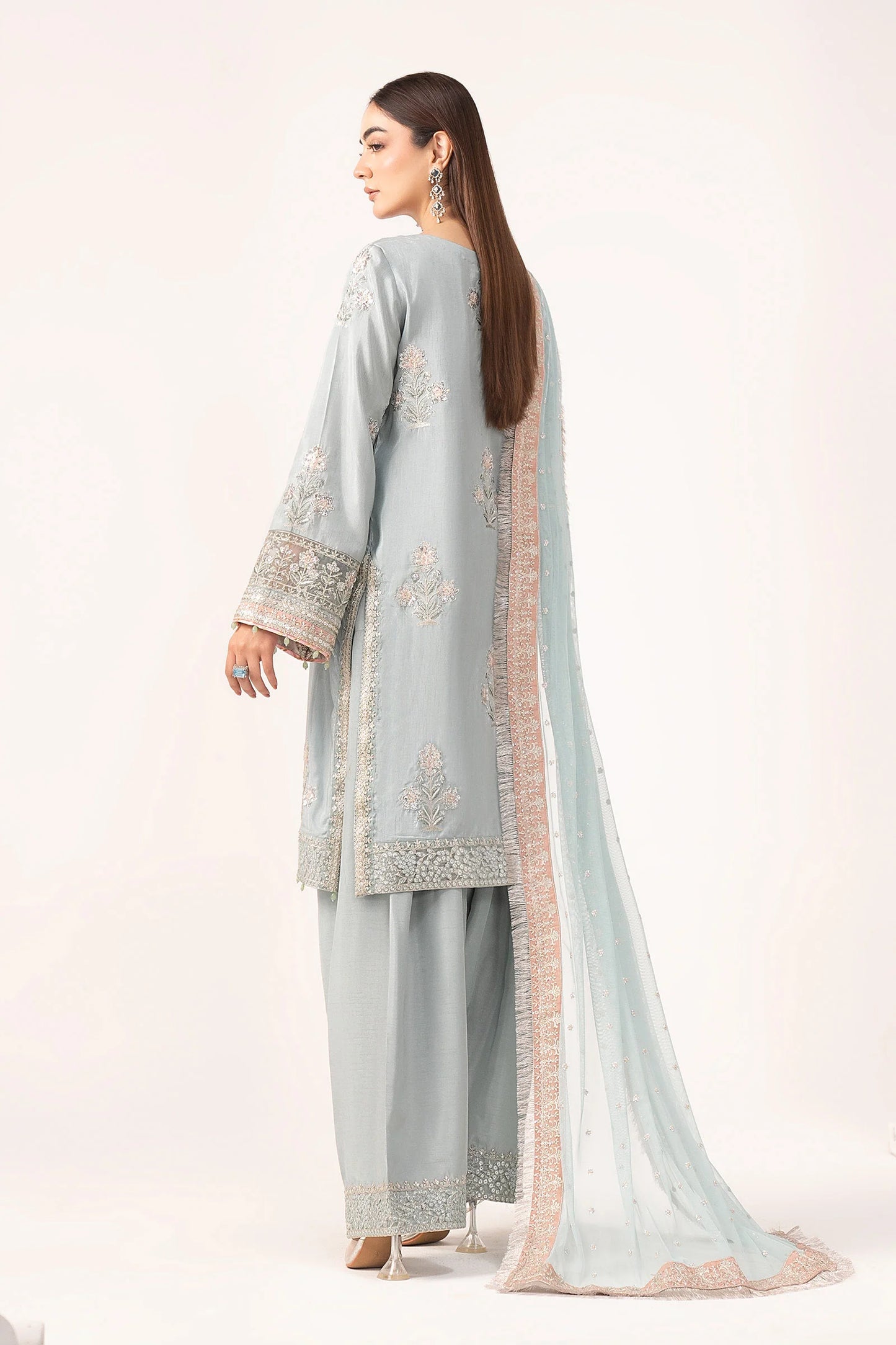 SF-EF26-22-Light Blue | 3 Piece Embroidered Raw Silk Suit | MARIA.B