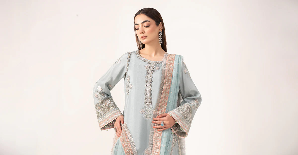 SF-EF26-22-Light Blue | 3 Piece Embroidered Raw Silk Suit | MARIA.B