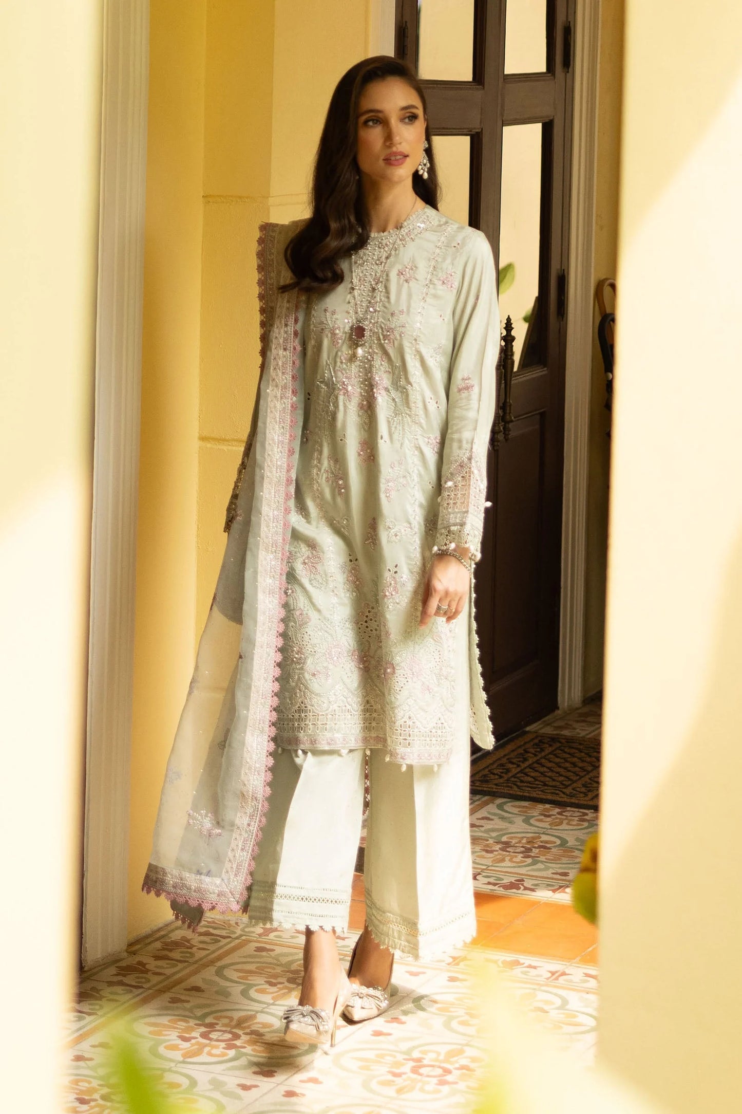 SF-EF26-20-Green | 3 Piece Embroidered Raw Silk Suit | MARIA.B