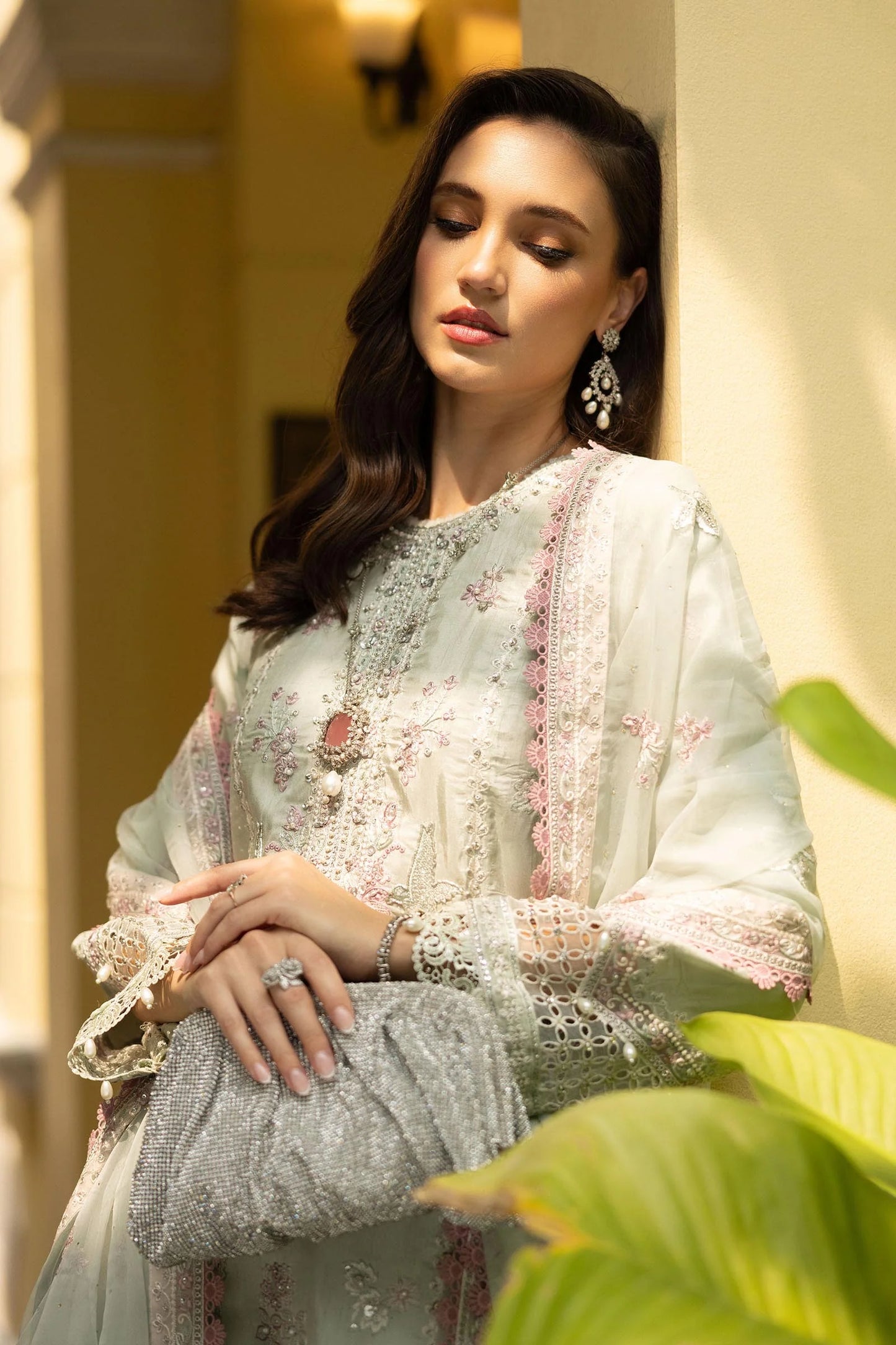 SF-EF26-20-Green | 3 Piece Embroidered Raw Silk Suit | MARIA.B