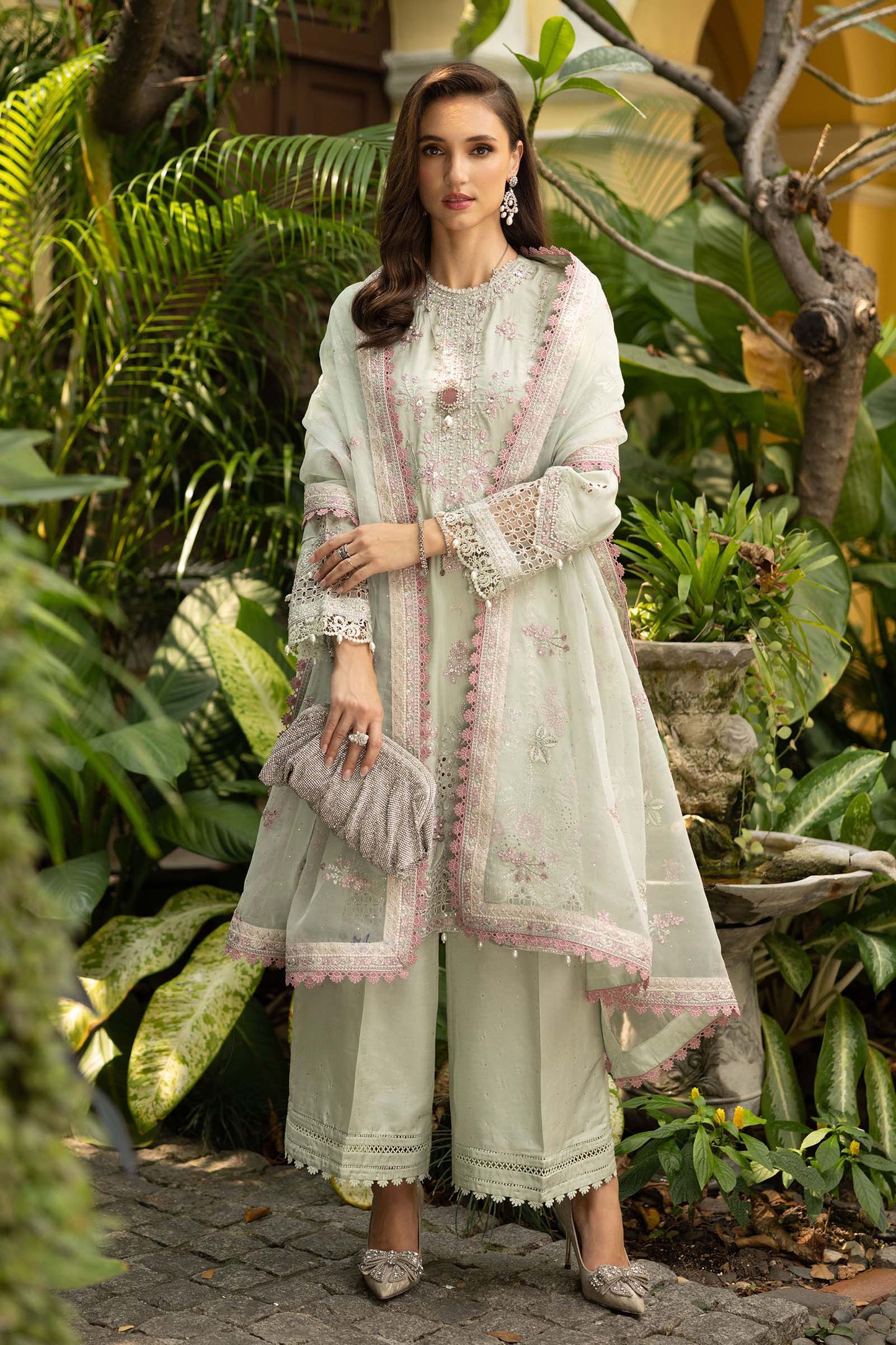 SF-EF26-20-Green | 3 Piece Embroidered Raw Silk Suit | MARIA.B