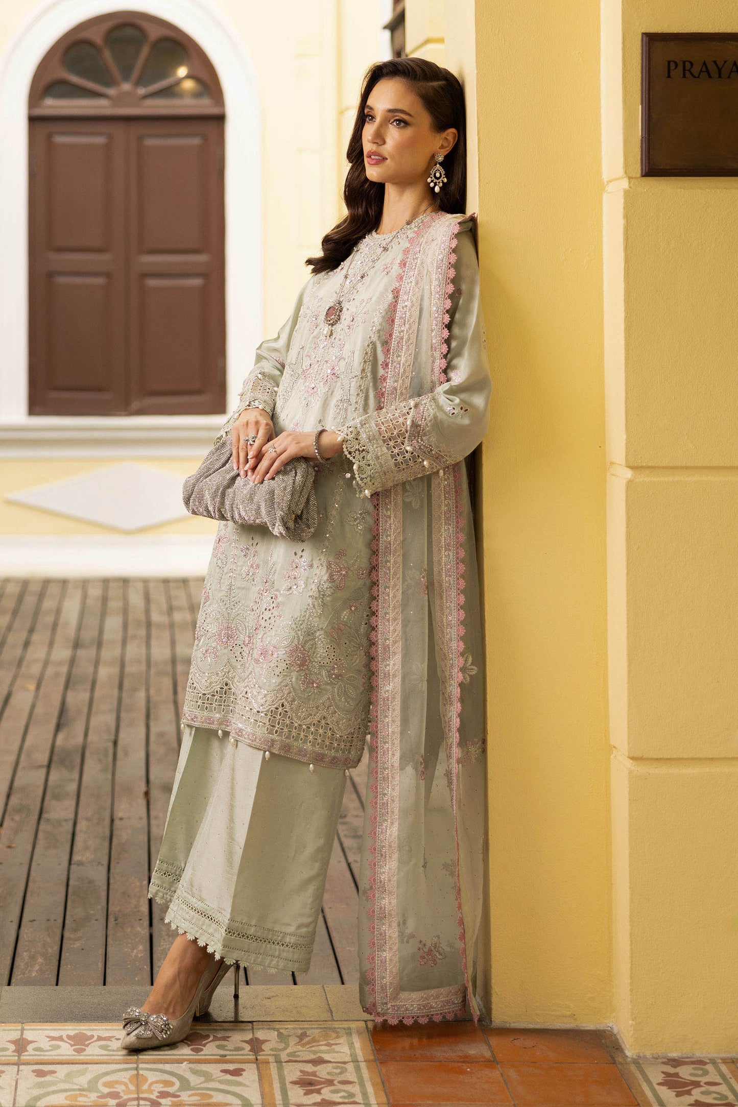 SF-EF26-20-Green | 3 Piece Embroidered Raw Silk Suit | MARIA.B