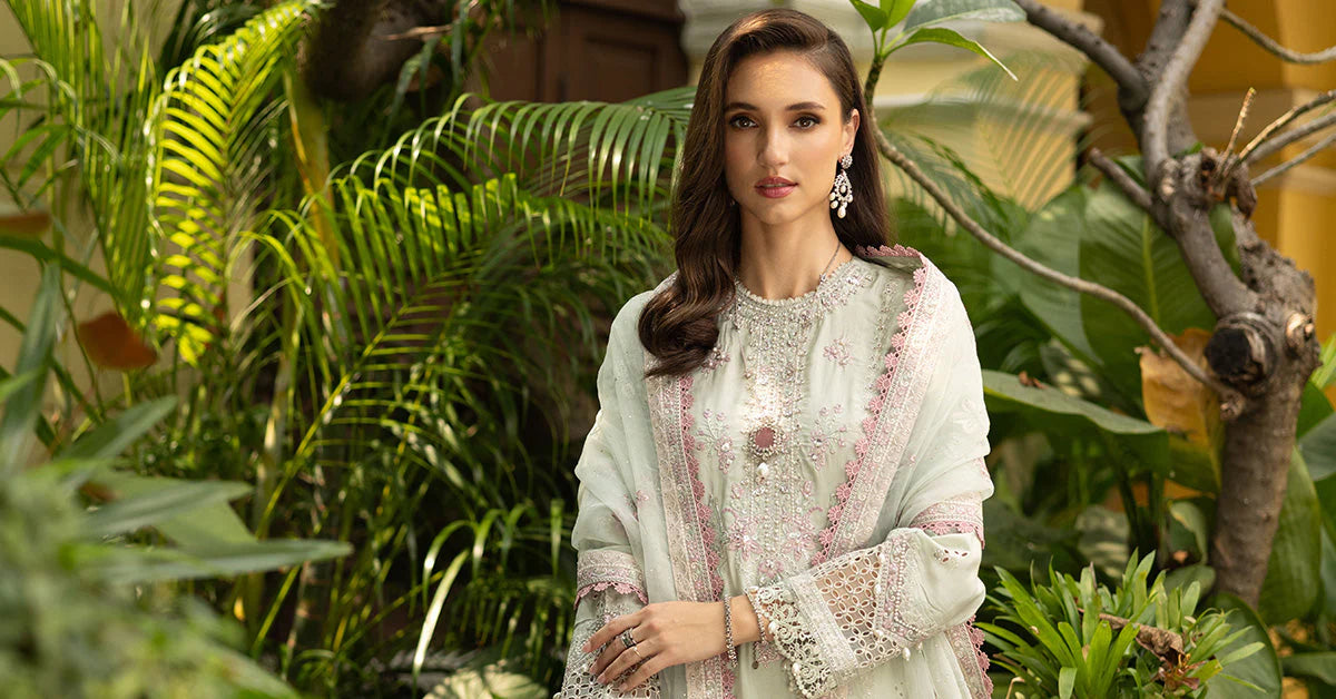 SF-EF26-20-Green | 3 Piece Embroidered Raw Silk Suit | MARIA.B