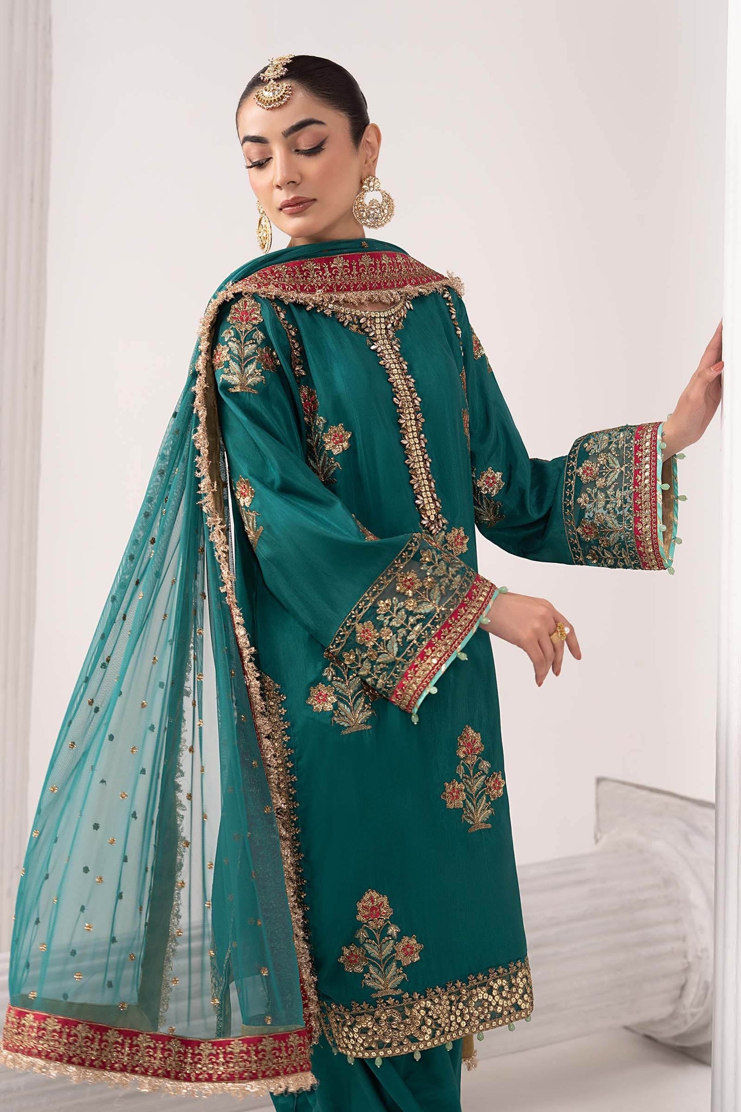 SF-EF26-22-Teal | 3 Piece Embroidered Raw Silk Suit | MARIA.B