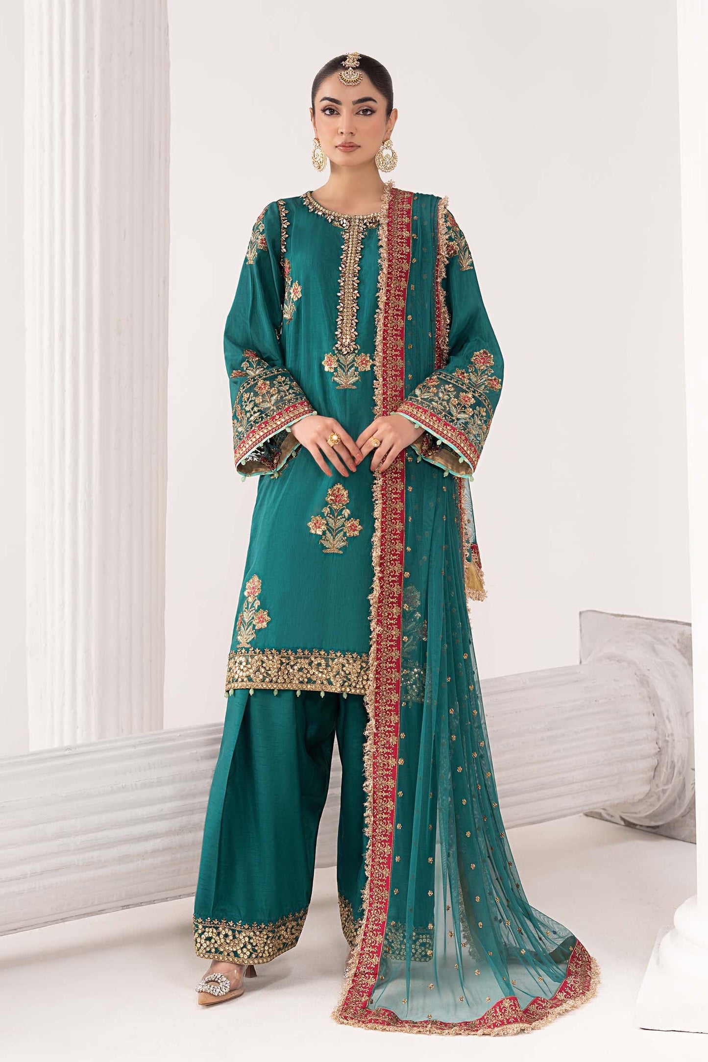 SF-EF26-22-Teal | 3 Piece Embroidered Raw Silk Suit | MARIA.B