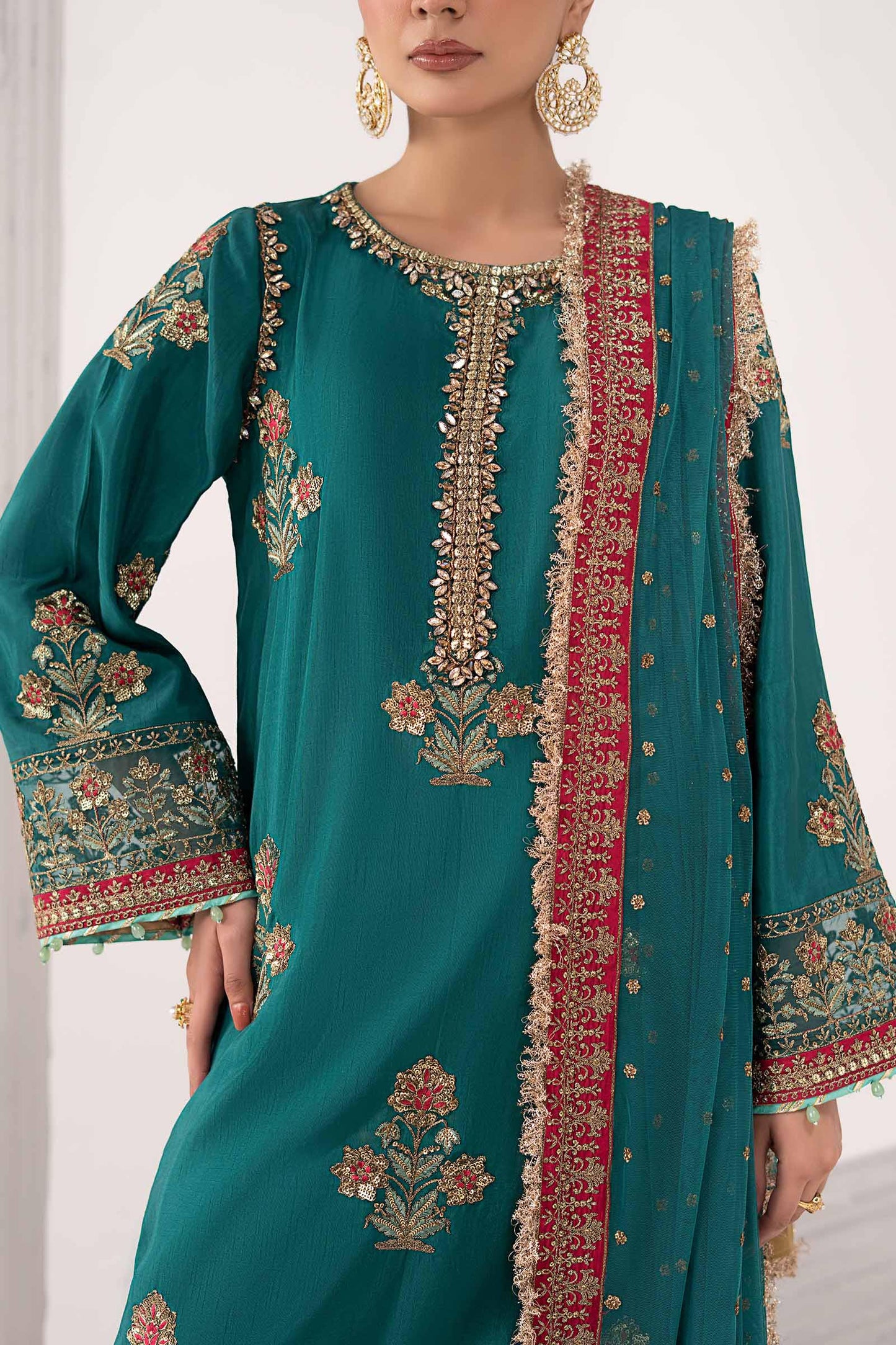 SF-EF26-22-Teal | 3 Piece Embroidered Raw Silk Suit | MARIA.B