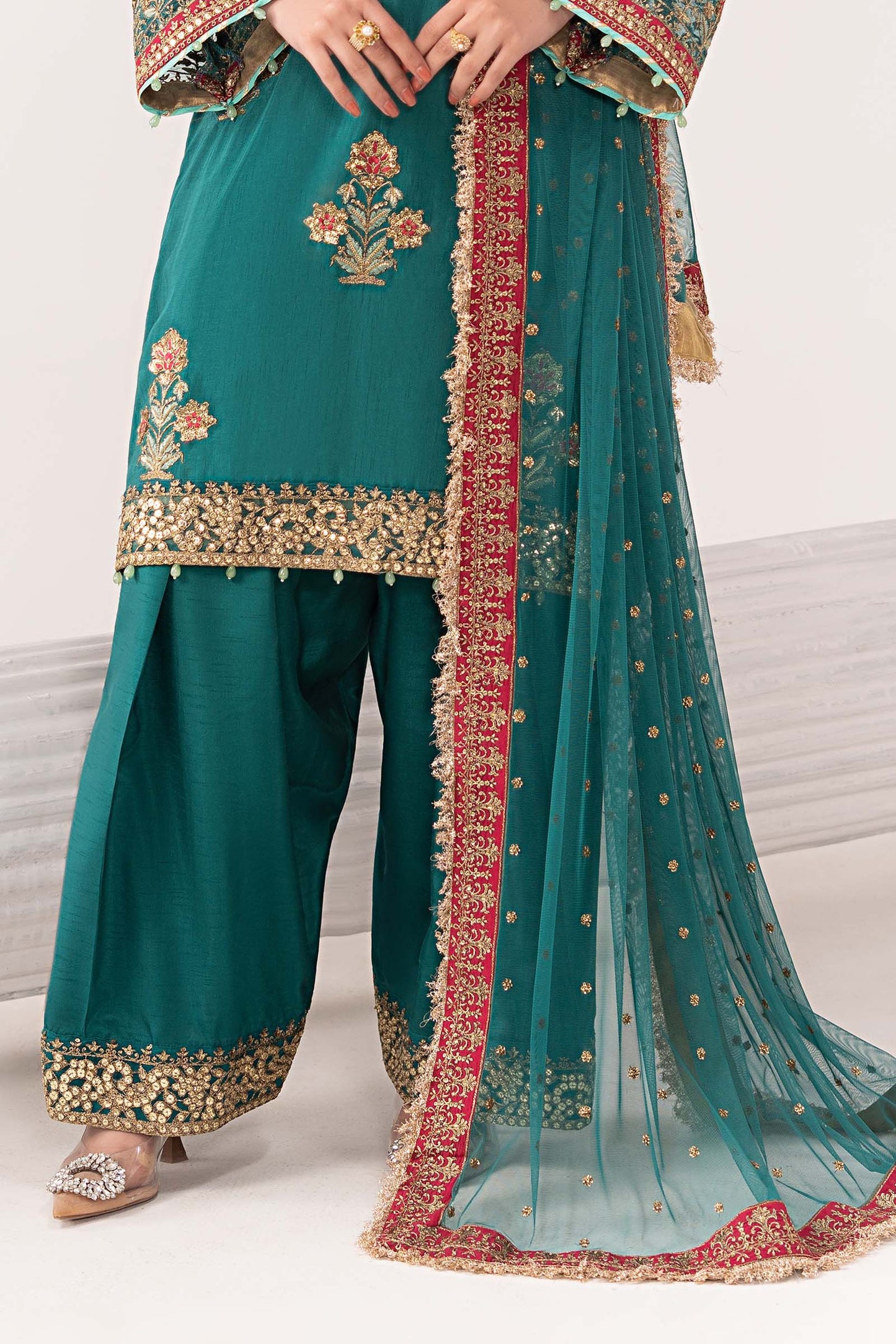 SF-EF26-22-Teal | 3 Piece Embroidered Raw Silk Suit | MARIA.B