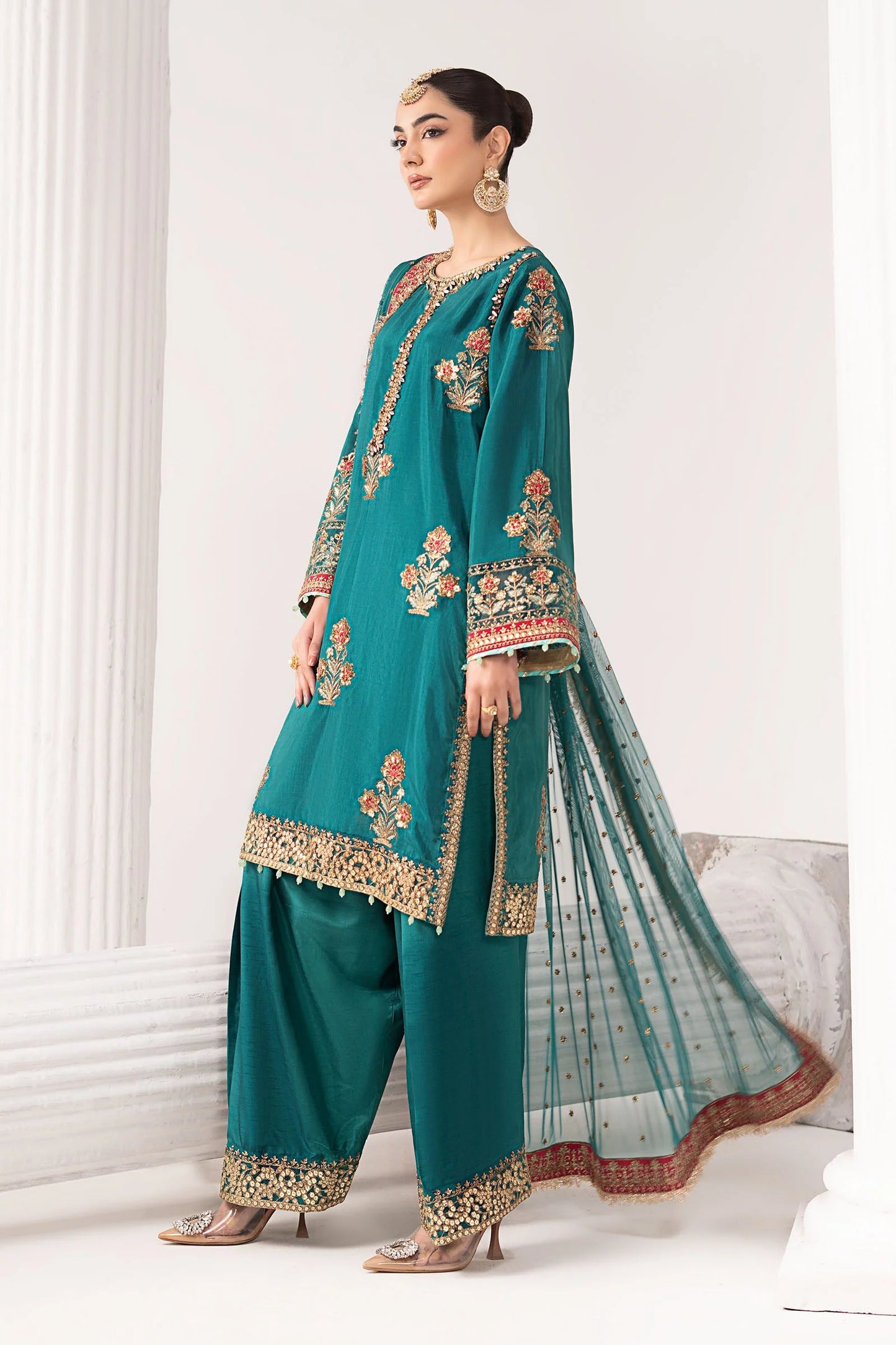 SF-EF26-22-Teal | 3 Piece Embroidered Raw Silk Suit | MARIA.B