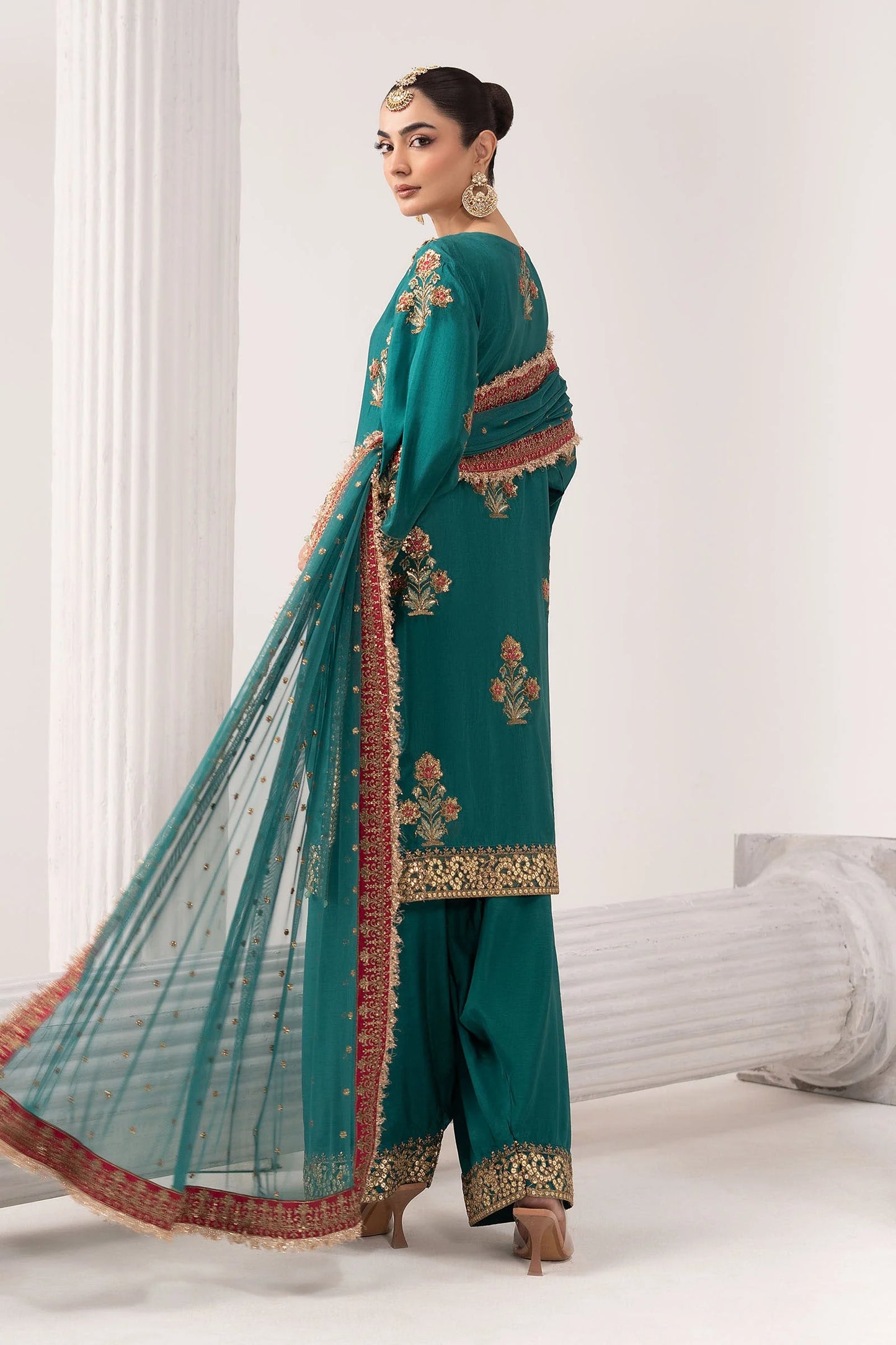 SF-EF26-22-Teal | 3 Piece Embroidered Raw Silk Suit | MARIA.B