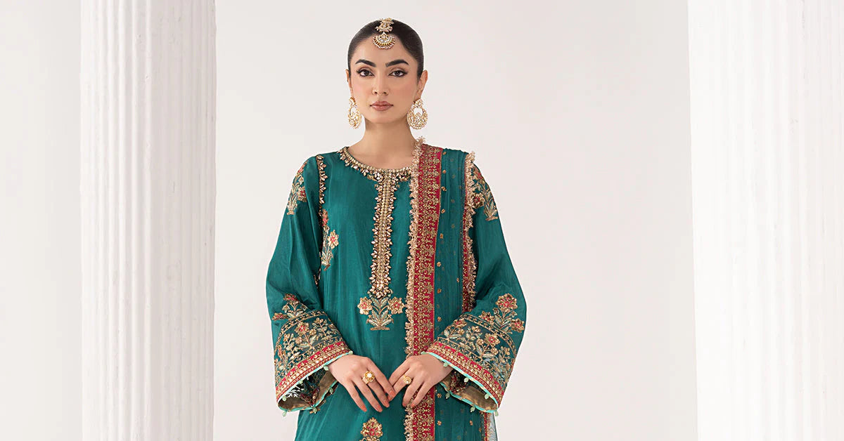 SF-EF26-22-Teal | 3 Piece Embroidered Raw Silk Suit | MARIA.B