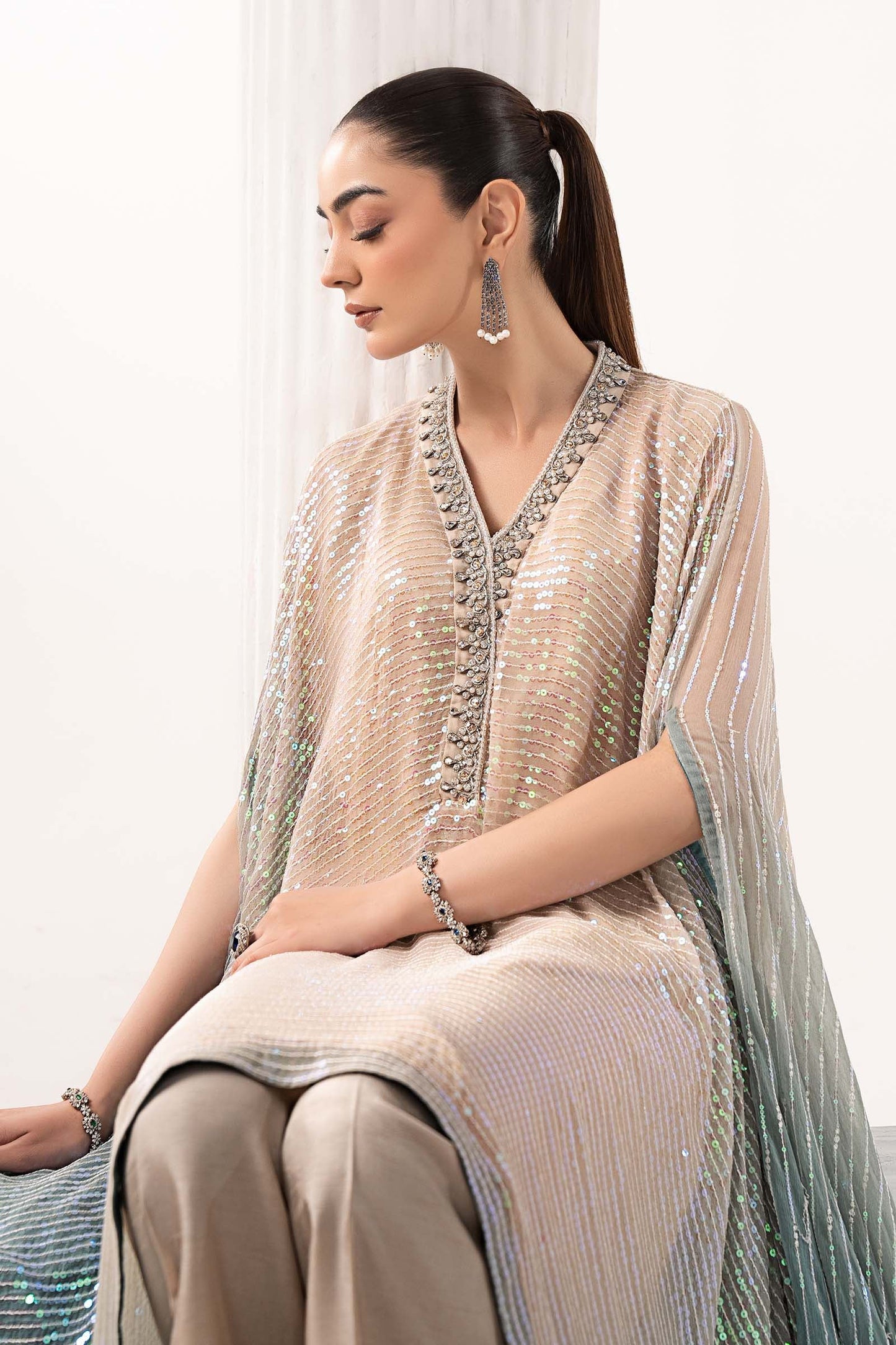 SF-EF26-11-Beige  | 3 Piece Embroidered Chiffon Suit | MARIA.B
