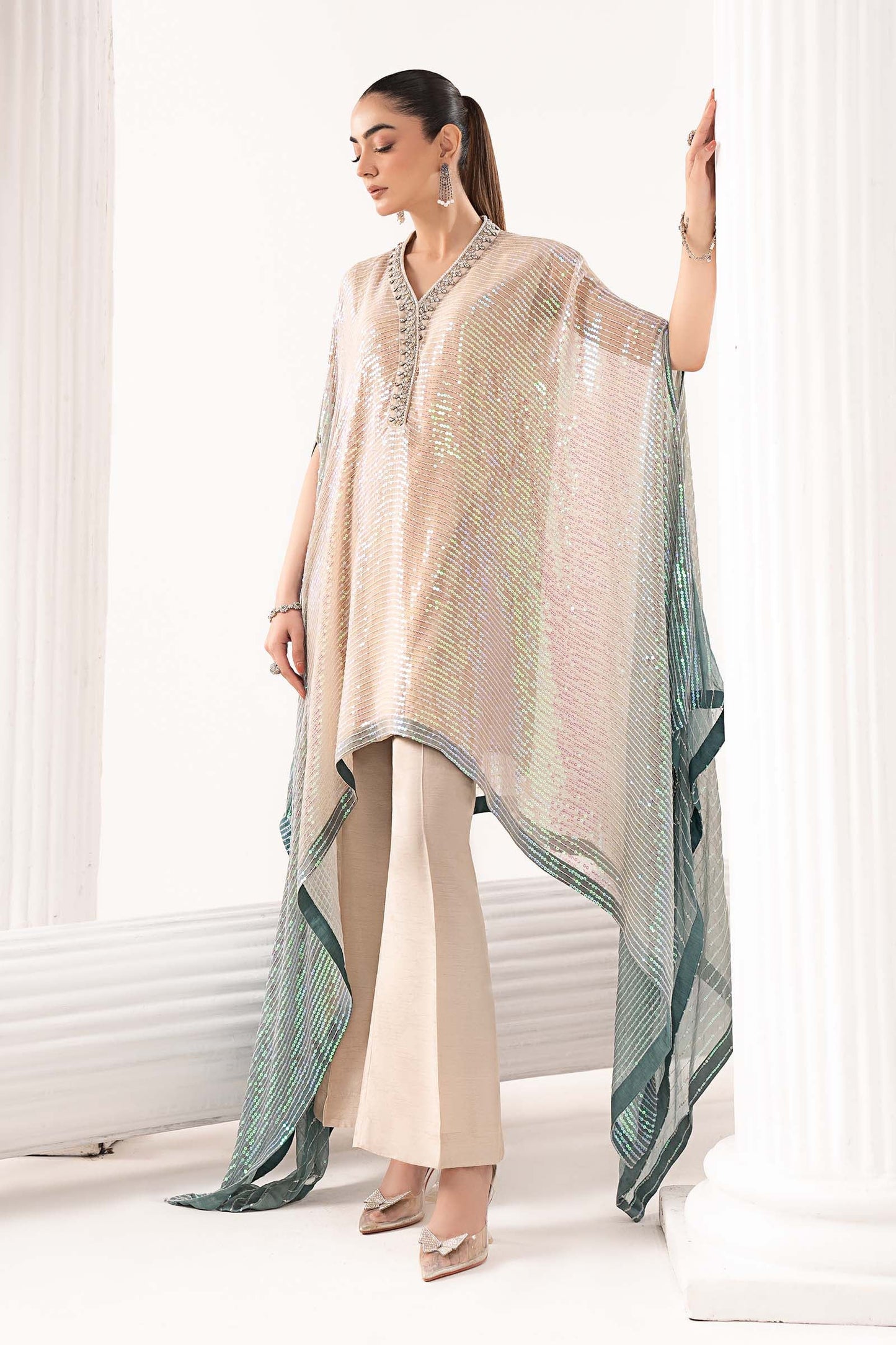 SF-EF26-11-Beige  | 3 Piece Embroidered Chiffon Suit | MARIA.B