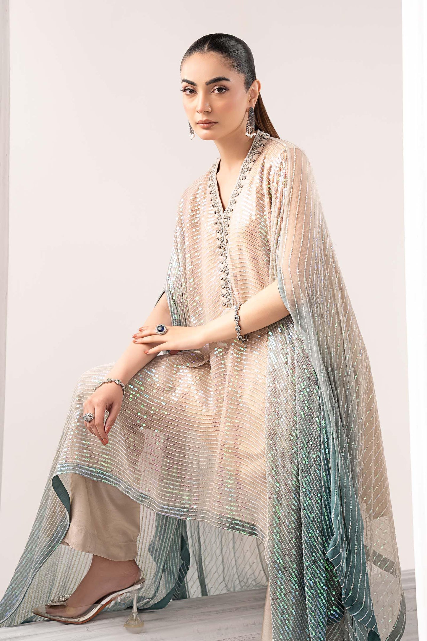 SF-EF26-11-Beige  | 3 Piece Embroidered Chiffon Suit | MARIA.B