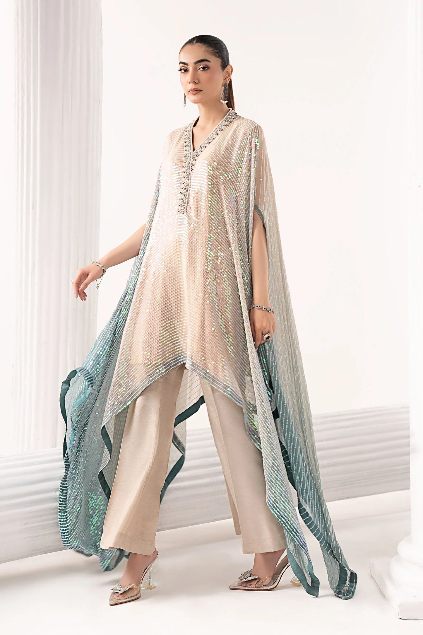 SF-EF26-11-Beige  | 3 Piece Embroidered Chiffon Suit | MARIA.B