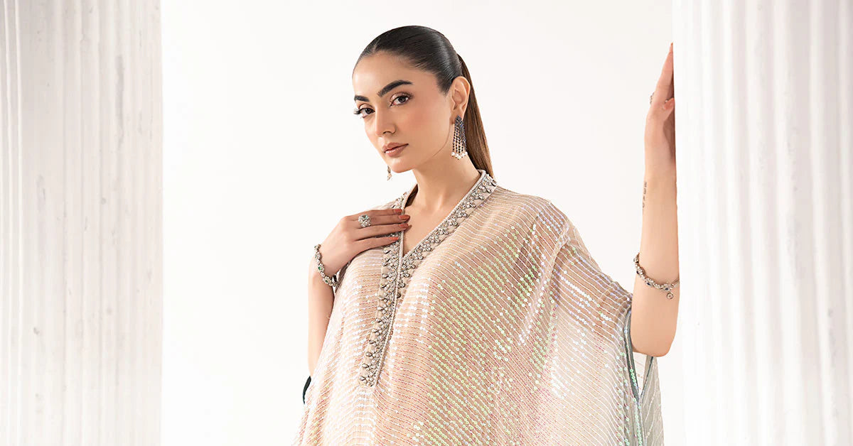 SF-EF26-11-Beige  | 3 Piece Embroidered Chiffon Suit | MARIA.B