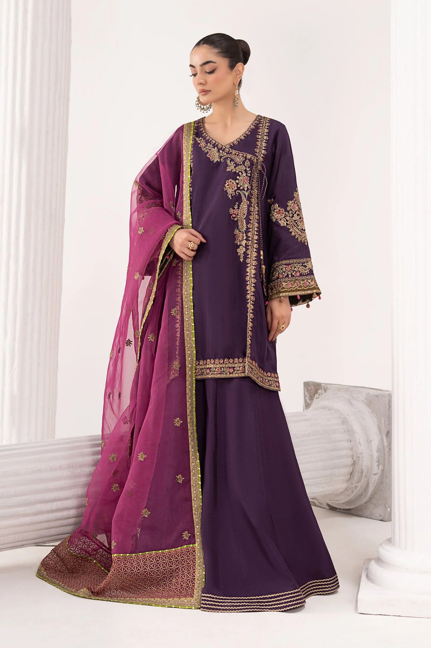 SF-EF26-07-Purple | 3 Piece Embroidered Raw Silk Suit | MARIA.B