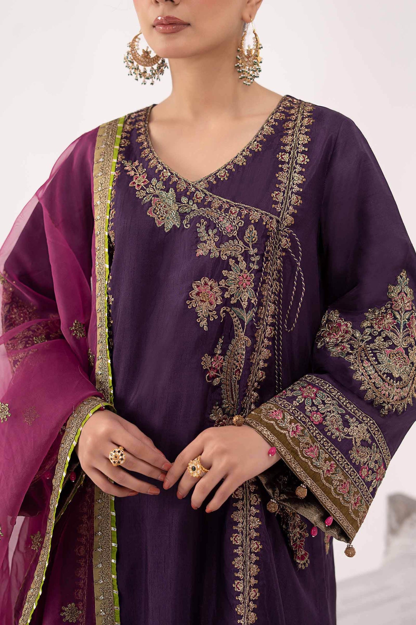 SF-EF26-07-Purple | 3 Piece Embroidered Raw Silk Suit | MARIA.B