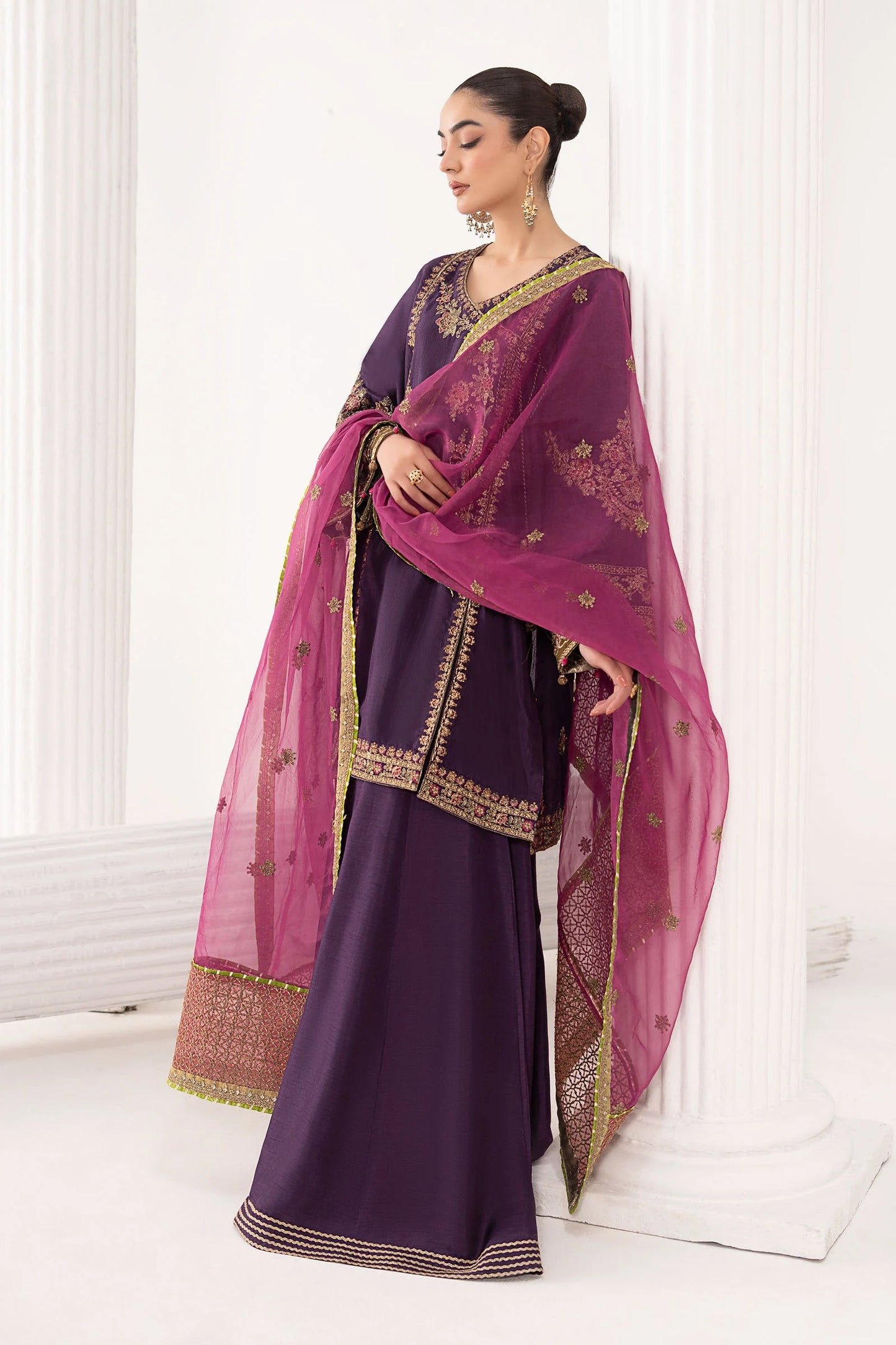 SF-EF26-07-Purple | 3 Piece Embroidered Raw Silk Suit | MARIA.B