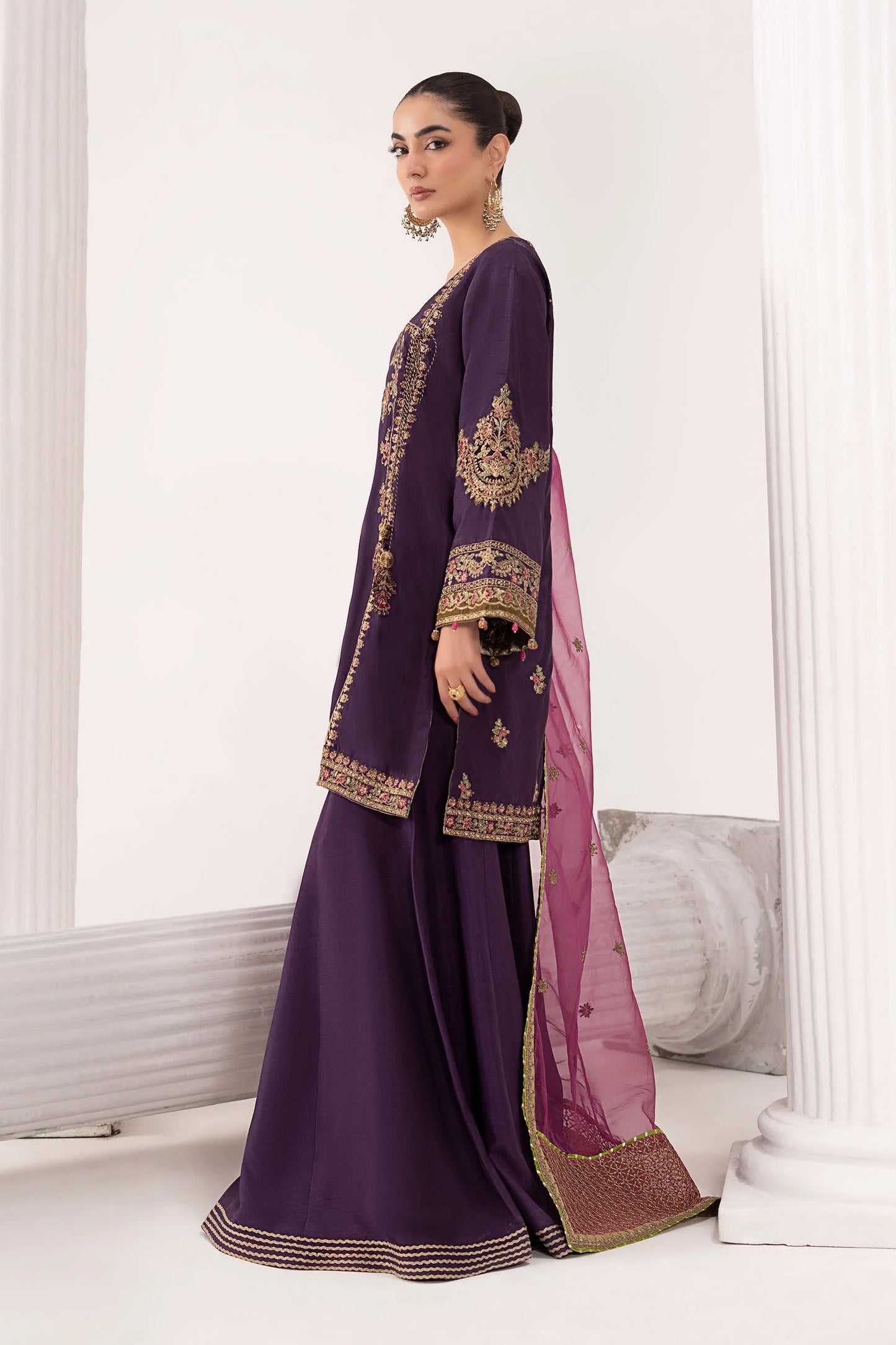 SF-EF26-07-Purple | 3 Piece Embroidered Raw Silk Suit | MARIA.B