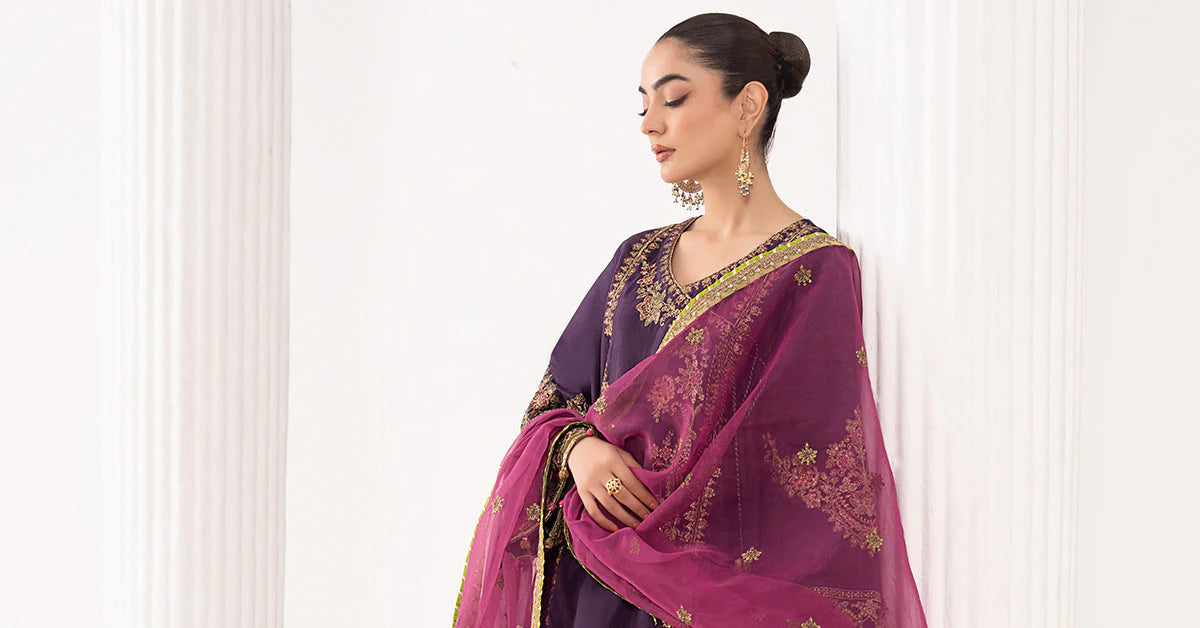 SF-EF26-07-Purple | 3 Piece Embroidered Raw Silk Suit | MARIA.B