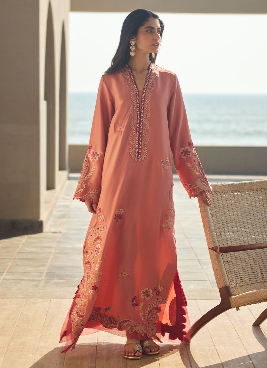 Nami Coral Silk Kaftan | LAANI - THE KAFTAN EDIT | FARAH TALIB AZIZ