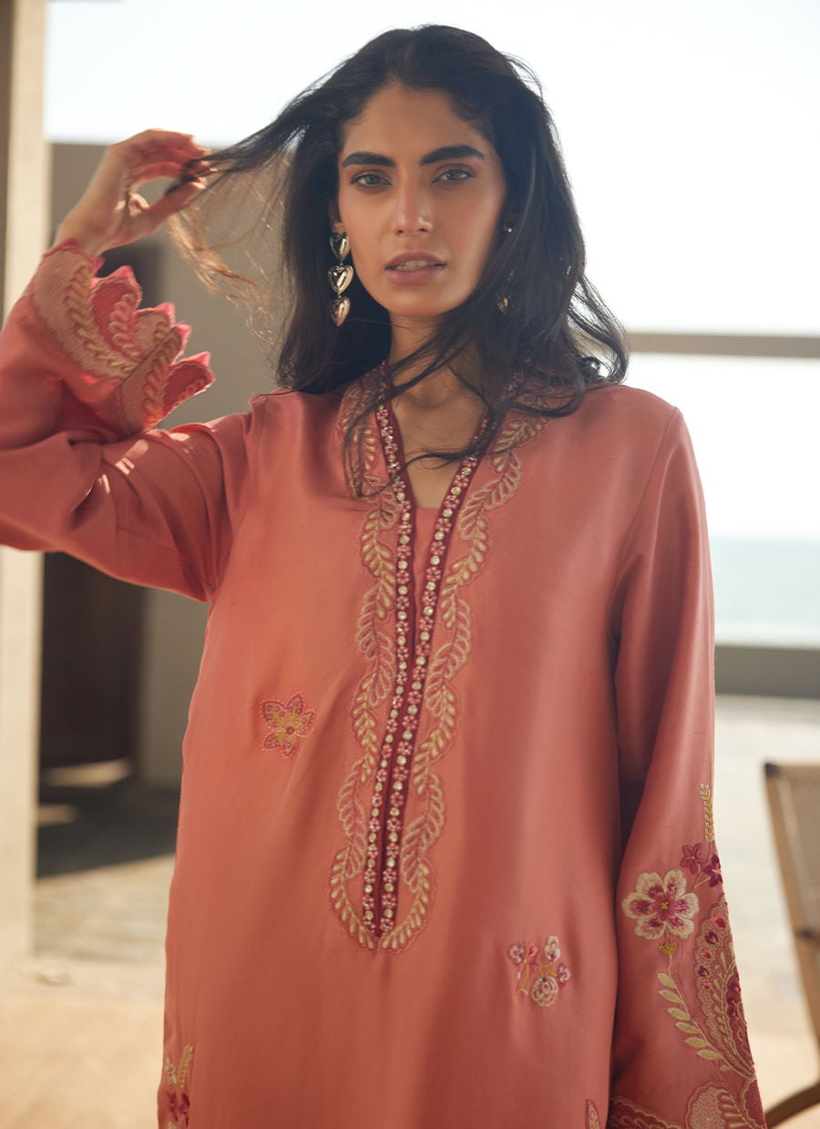Nami Coral Silk Kaftan | LAANI - THE KAFTAN EDIT | FARAH TALIB AZIZ