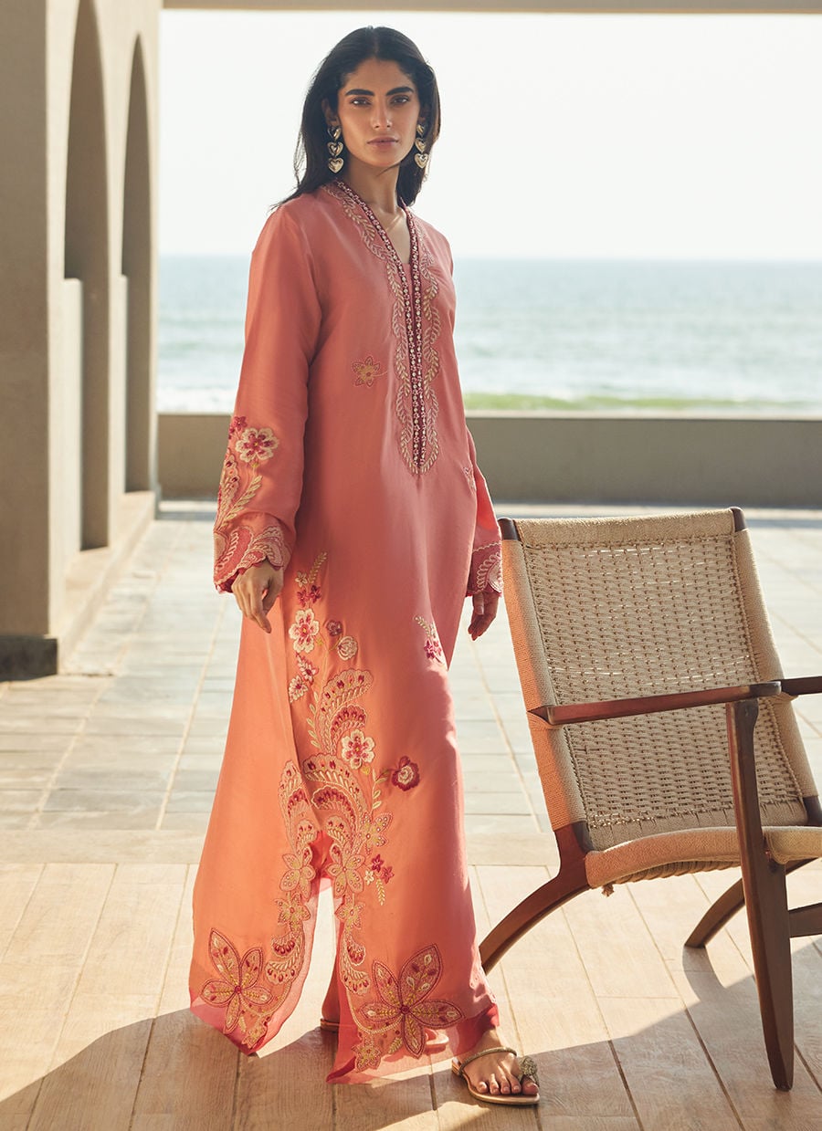 Nami Coral Silk Kaftan | LAANI - THE KAFTAN EDIT | FARAH TALIB AZIZ