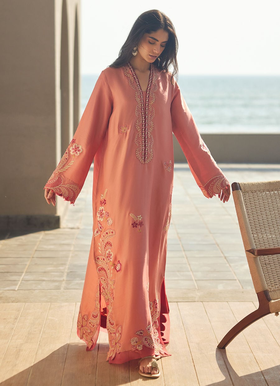 Nami Coral Silk Kaftan | LAANI - THE KAFTAN EDIT | FARAH TALIB AZIZ