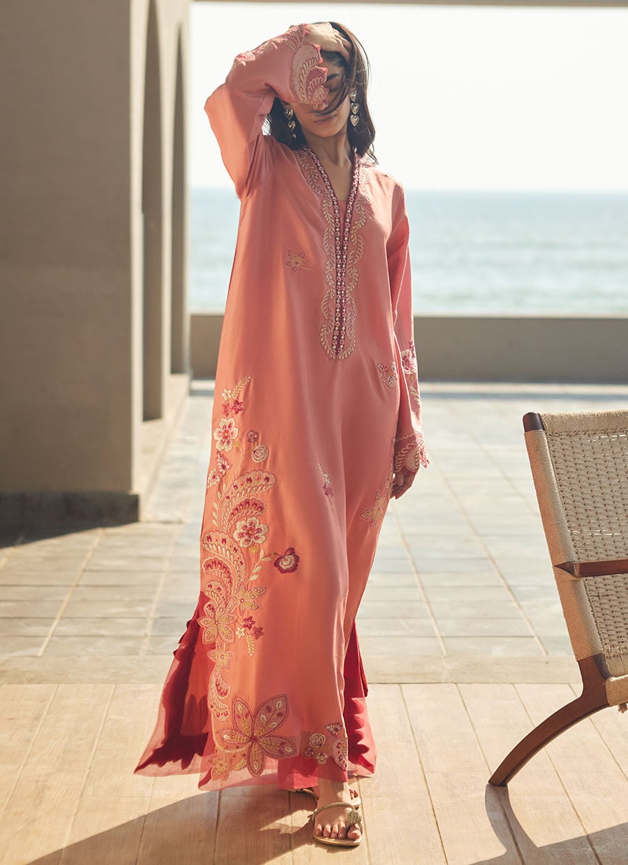 Nami Coral Silk Kaftan | LAANI - THE KAFTAN EDIT | FARAH TALIB AZIZ