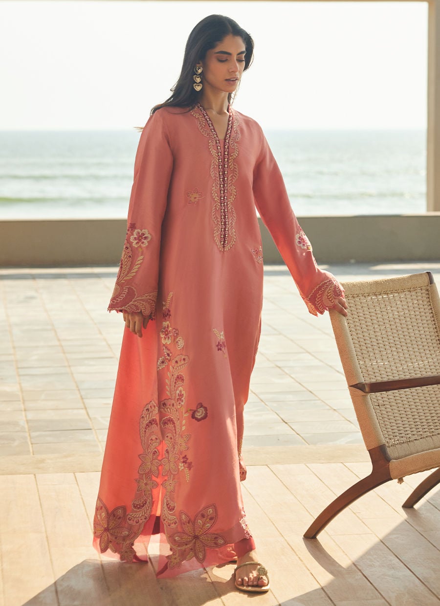 Nami Coral Silk Kaftan | LAANI - THE KAFTAN EDIT | FARAH TALIB AZIZ