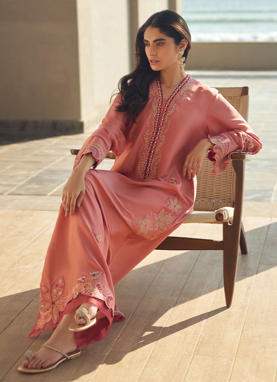 Nami Coral Silk Kaftan | LAANI - THE KAFTAN EDIT | FARAH TALIB AZIZ