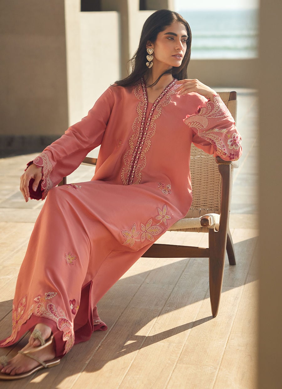Nami Coral Silk Kaftan | LAANI - THE KAFTAN EDIT | FARAH TALIB AZIZ