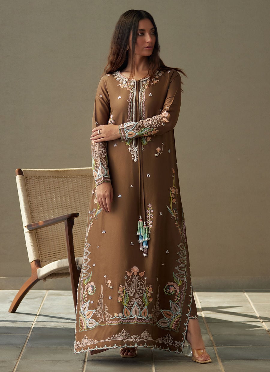 Enia Espresso Silk Kaftan | LAANI - THE KAFTAN EDIT | FARAH TALIB AZIZ