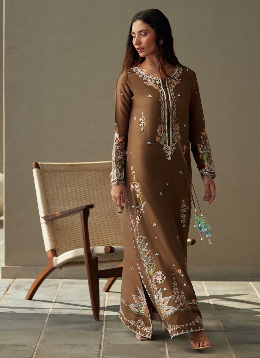 Enia Espresso Silk Kaftan | LAANI - THE KAFTAN EDIT | FARAH TALIB AZIZ