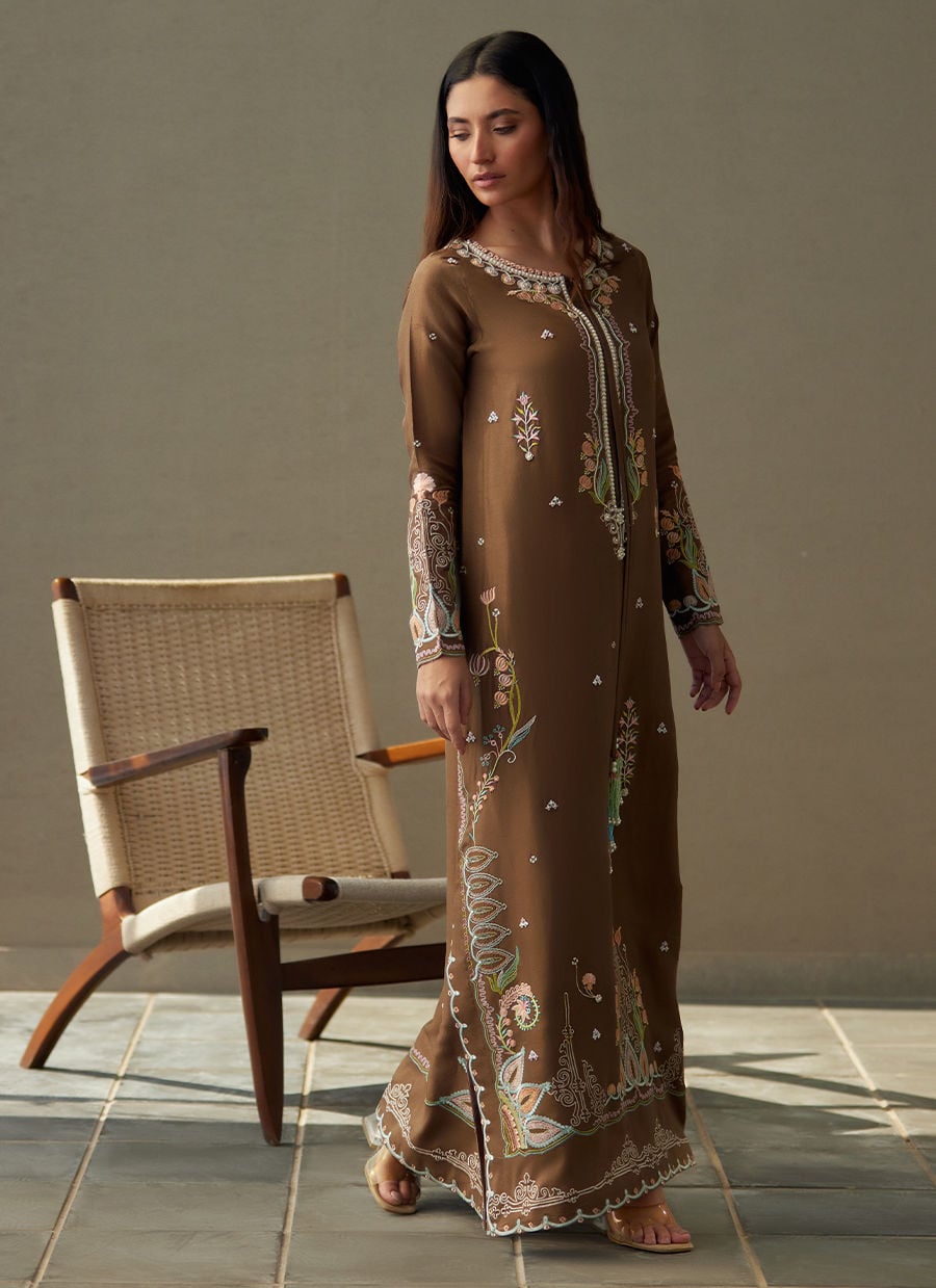 Enia Espresso Silk Kaftan | LAANI - THE KAFTAN EDIT | FARAH TALIB AZIZ