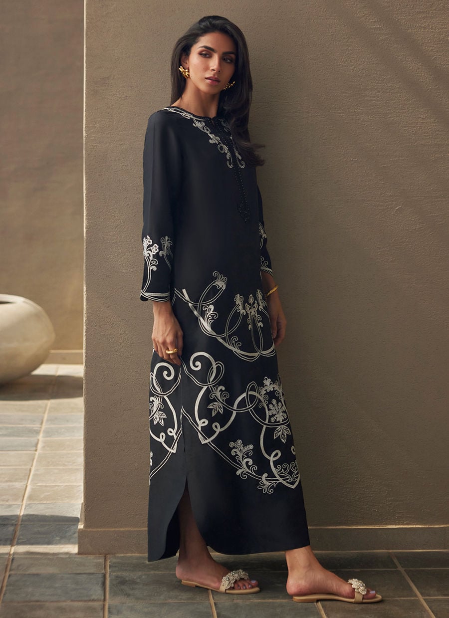 Serai Black Silk Kaftan | LAANI - THE KAFTAN EDIT | FARAH TALIB AZIZ