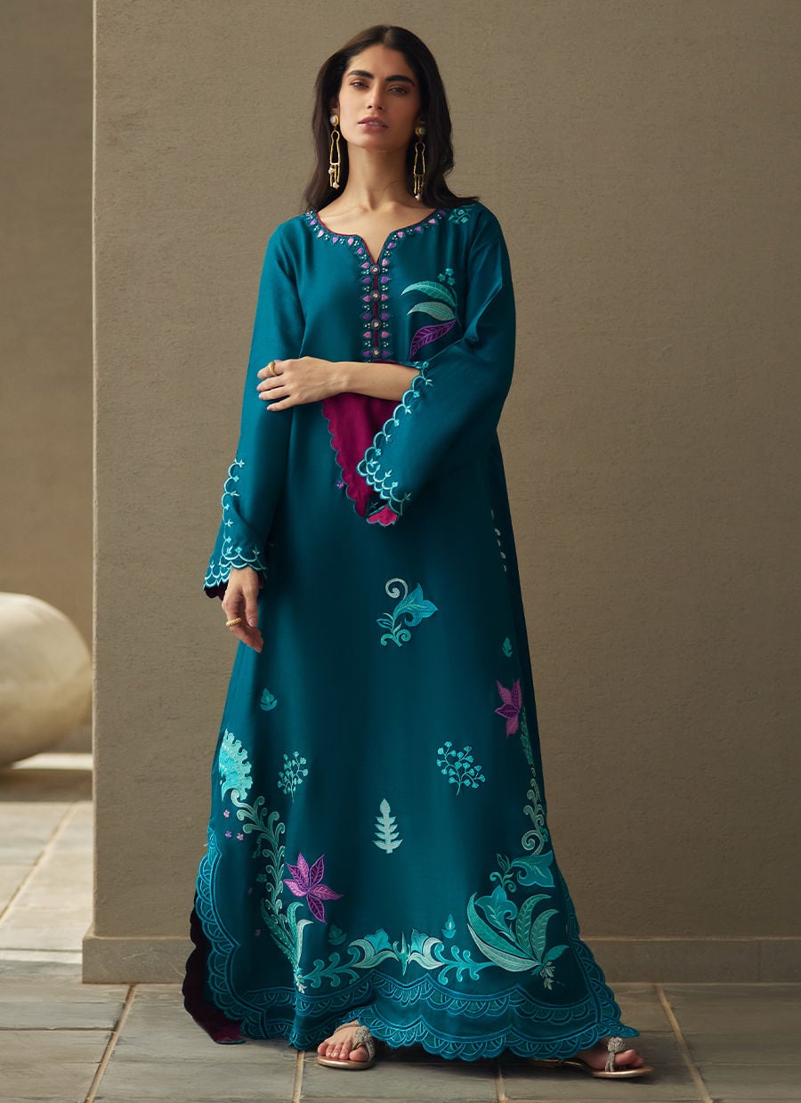 Azurea Teal Silk Kaftan | LAANI - THE KAFTAN EDIT | FARAH TALIB AZIZ