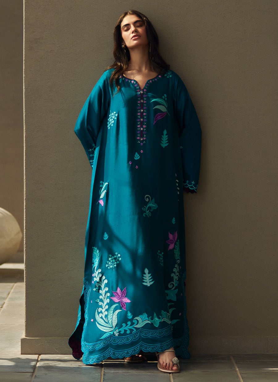 Azurea Teal Silk Kaftan | LAANI - THE KAFTAN EDIT | FARAH TALIB AZIZ