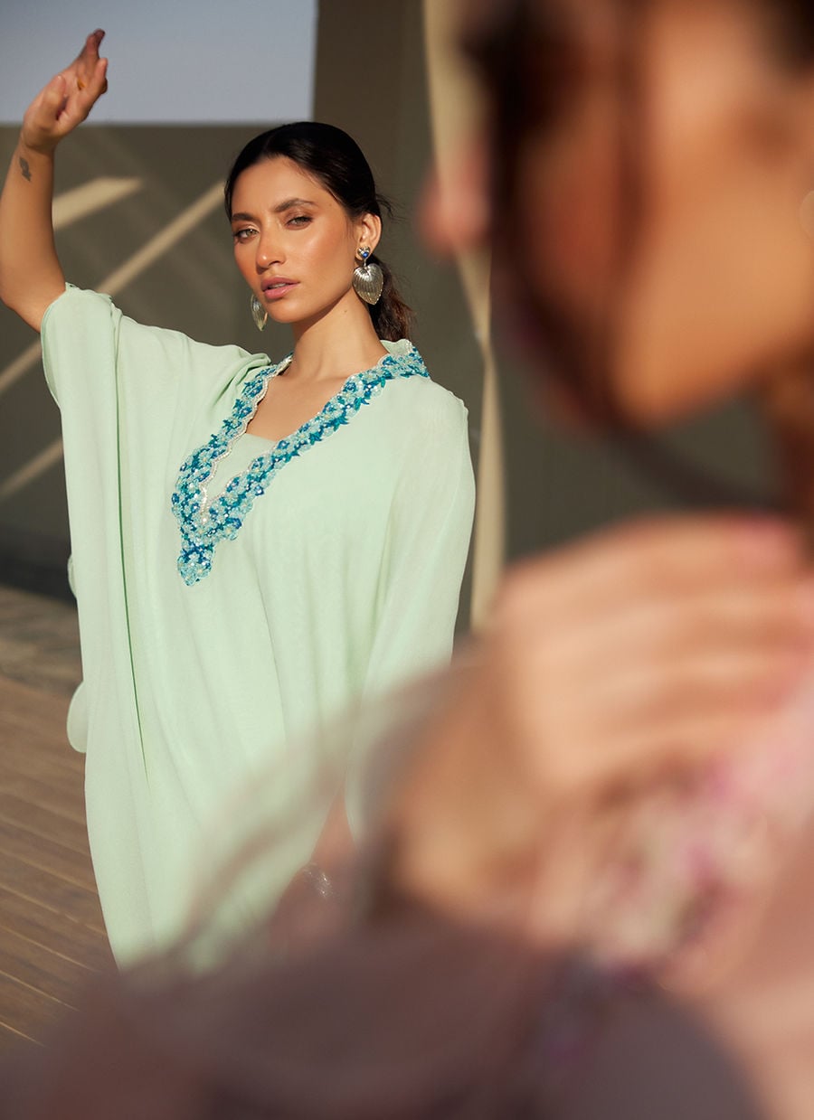 Nika Iceblue Chiffon Kaftan | LAANI - THE KAFTAN EDIT | FARAH TALIB AZIZ