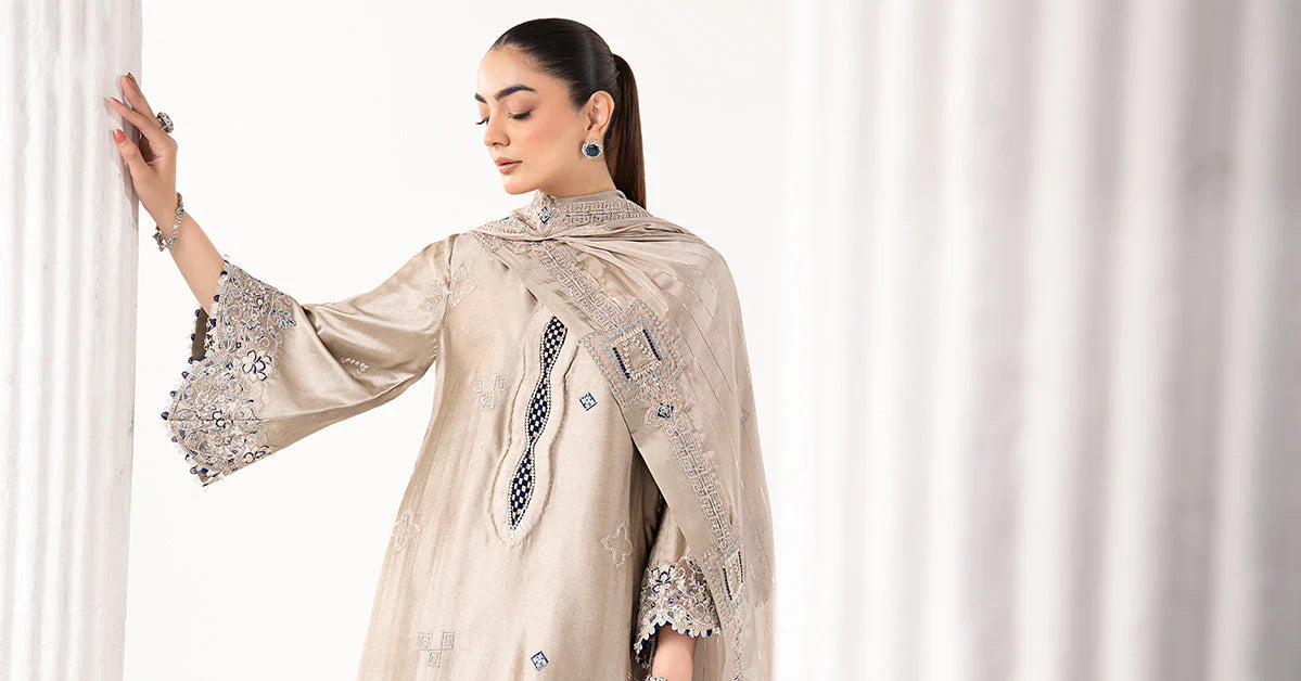 MST-EF26-10 | 3 Piece Embroidered Self Tassel Silk Suit | MARIA.B